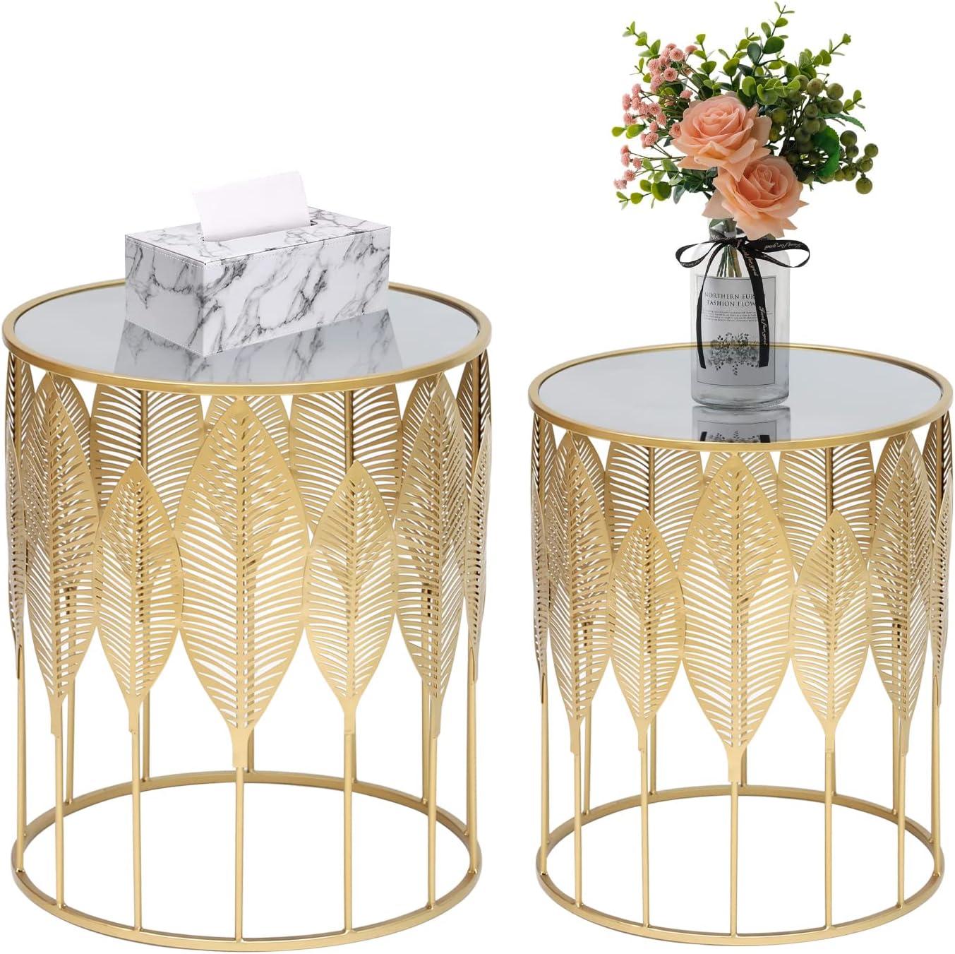 Gold Leaf Round Metal Nesting Side Tables with Stainless Steel Top