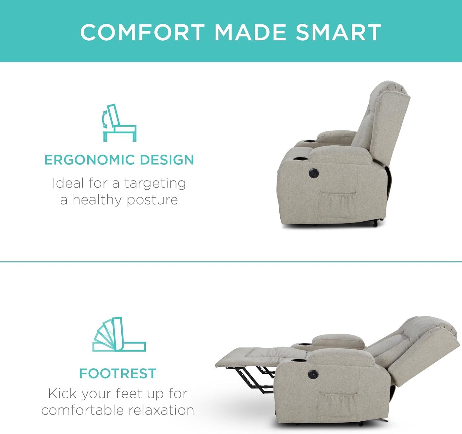 Hokku Designs Modern Linen Electric Power Lift Chair, Recliner Massage Chair, Adjustable Furniture for Back, USB Port, Heat, Cupholders