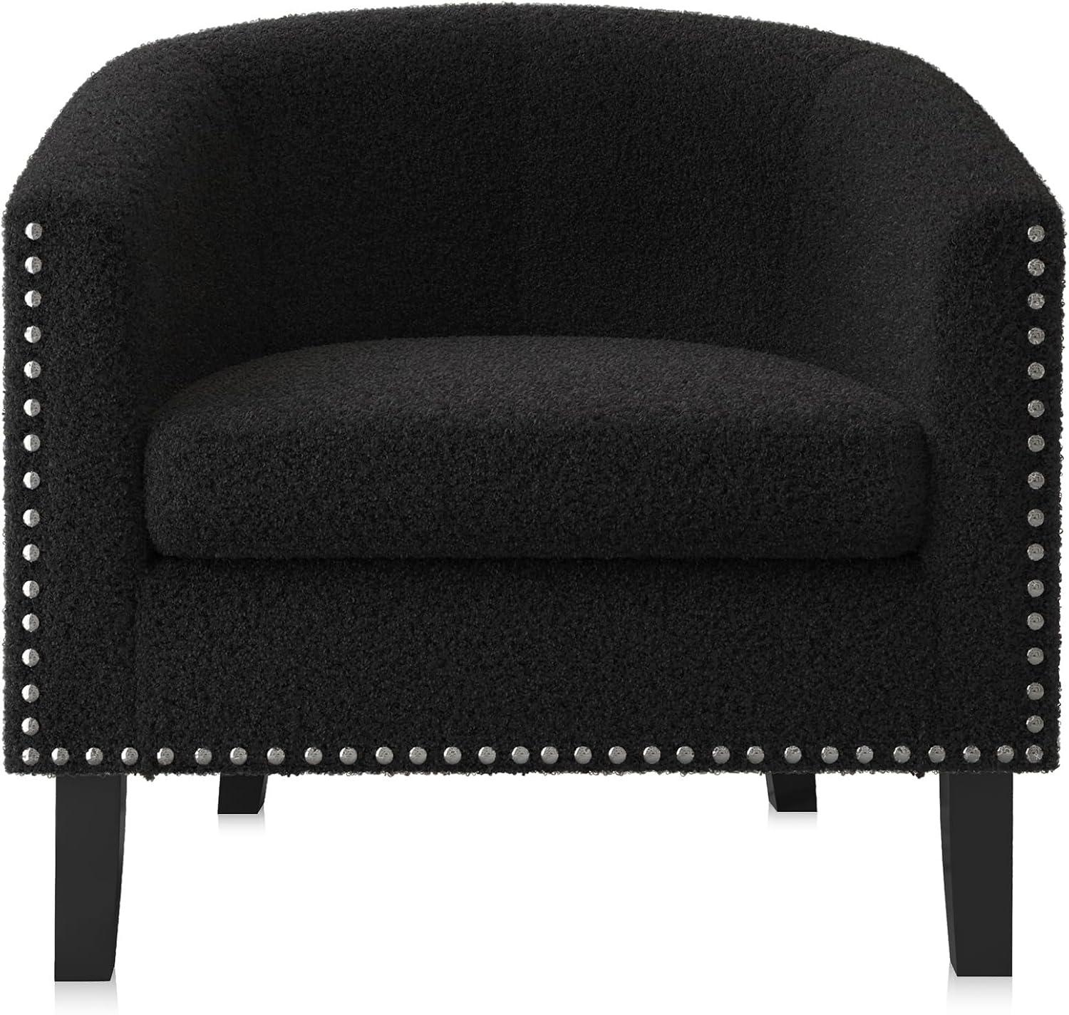 BELLEZE Accent Barrel Chair, Modern Tub Club Chair Upholstered Armchair for Living Room, Accent Chair with Silver Nail Head Trim Black Legs - Kyara (Black/Polyester)