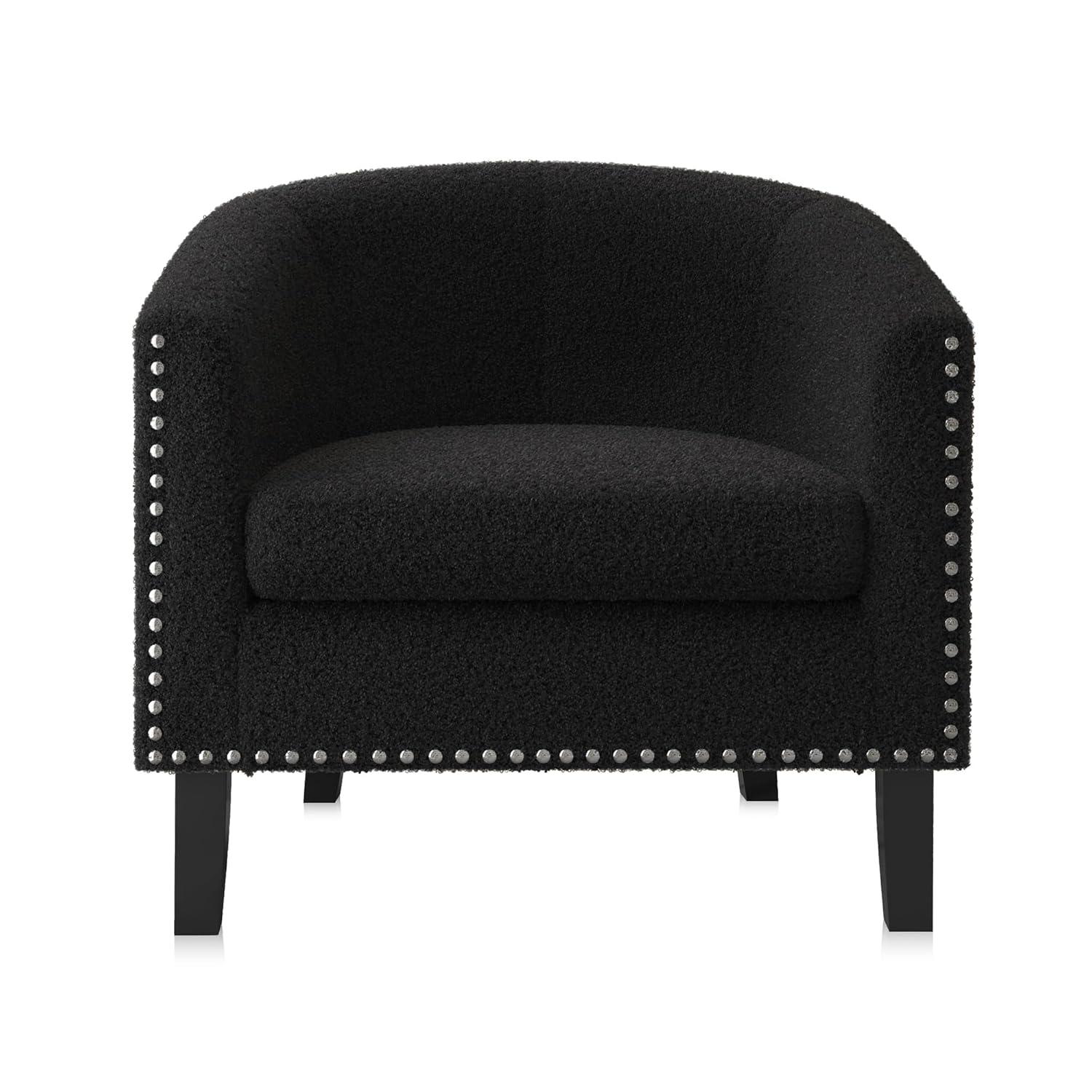 BELLEZE Accent Barrel Chair, Modern Tub Club Chair Upholstered Armchair for Living Room, Accent Chair with Silver Nail Head Trim Black Legs - Kyara (Black/Polyester)