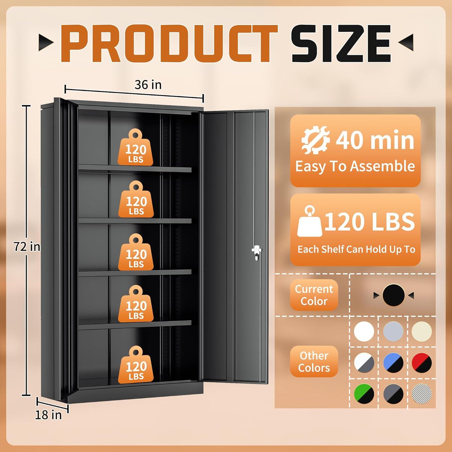 Greenvelly Metal Storage Cabinet with Lock, 72" H Black Metal Garage Storage Cabinet with Doors and 4 Shelves, Lockable Steel Tool Cabinets for Garage, Home, Office, Shop, School(36" W x 18" D)