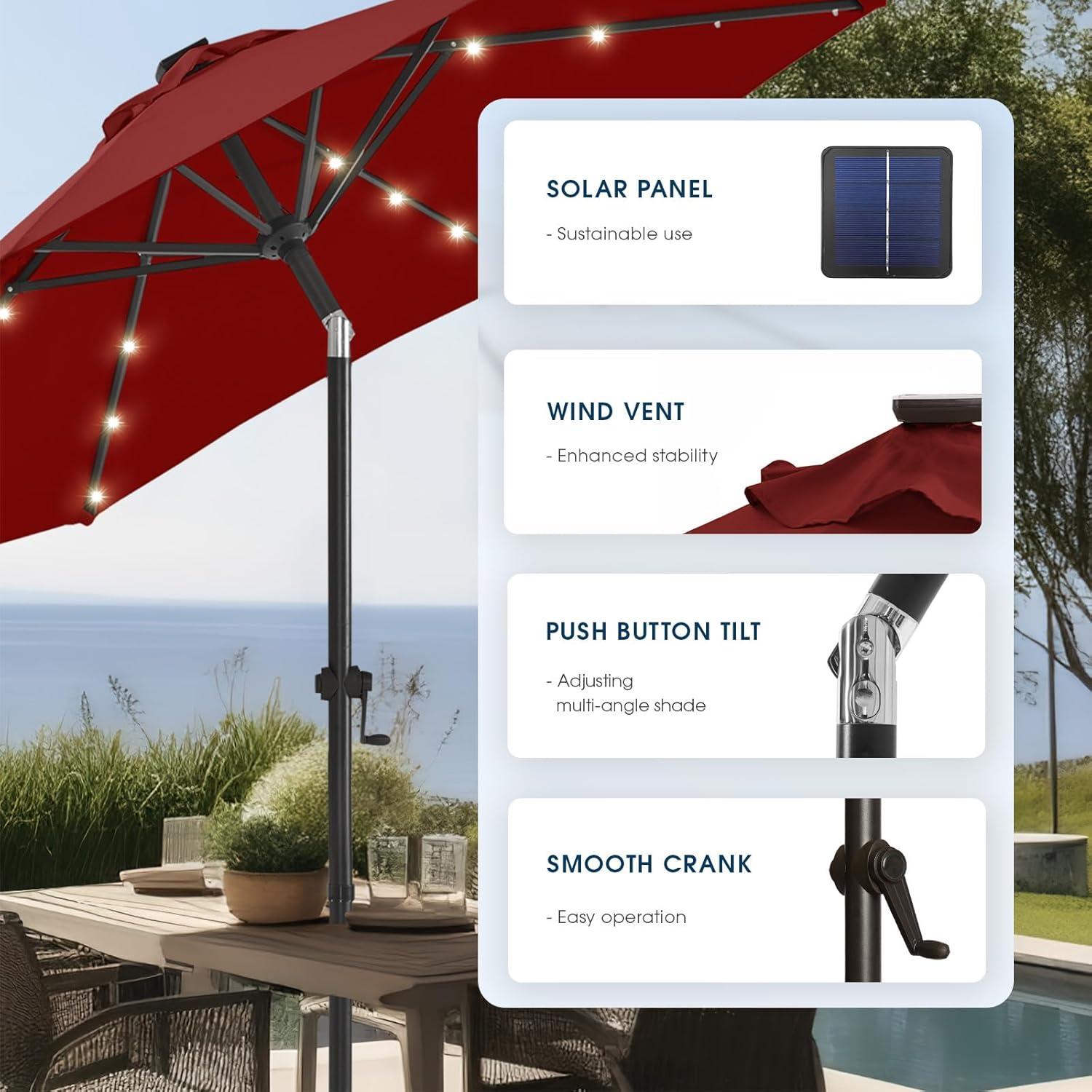 JEAREY Upgrade 9FT LED Lighted Patio Umbrella, Solar Outdoor Umbrella, Tilt Table Umbrella for Pool, Deck & Yard (Red)