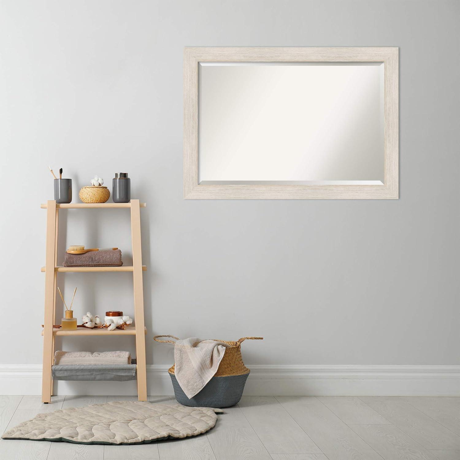 Amanti Art Beveled Wood Bathroom Wall Mirror - Hardwood Whitewash Frame - Hardwood White Wash Outer Size: 41 x 29 in