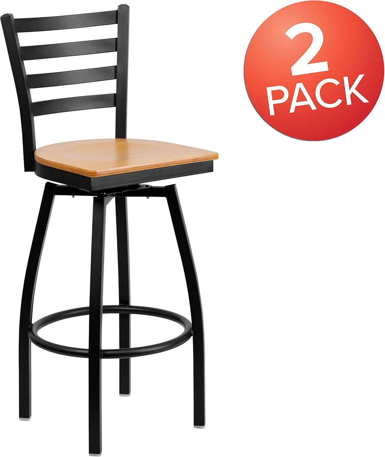 BizChair 2 Pack Black Ladder Back Swivel Metal Barstool - Natural Wood Seat