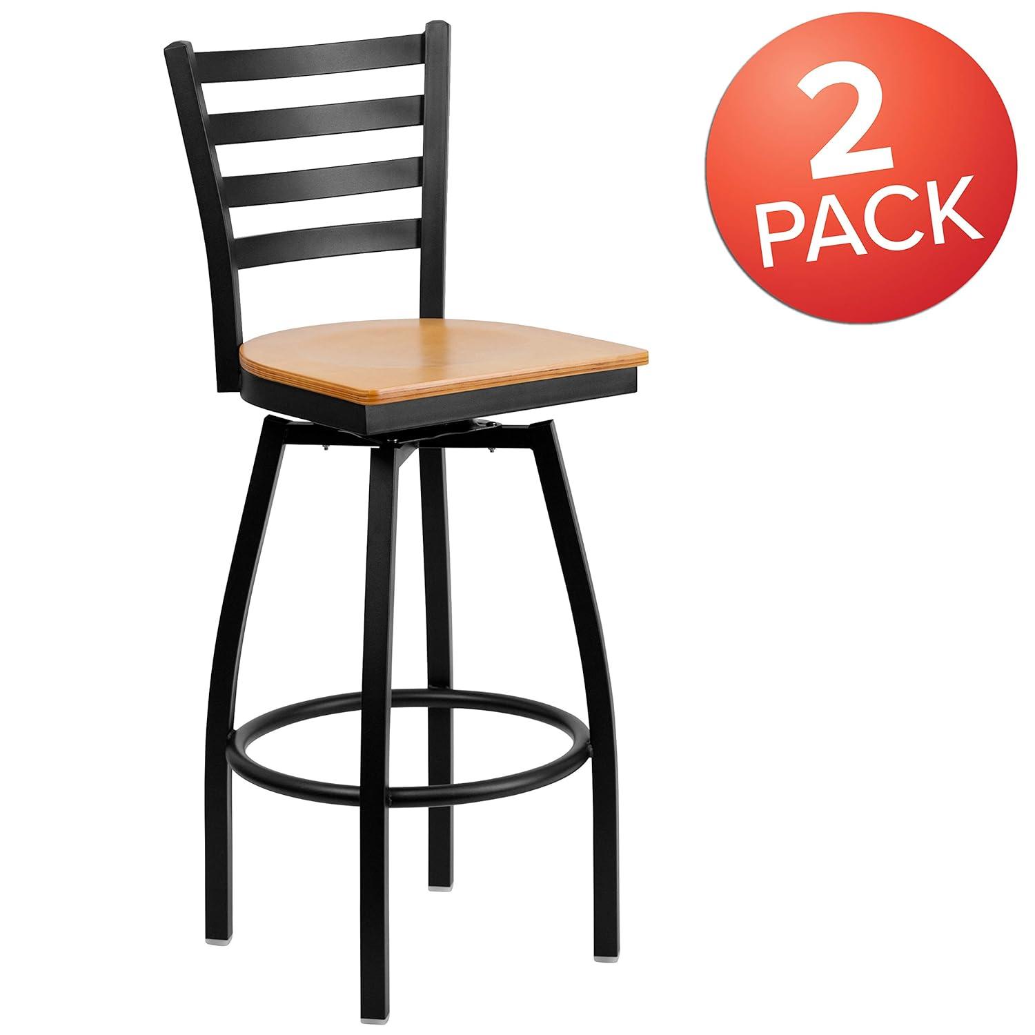 Flash Furniture 2 Pack HERCULES Series Black Ladder Back Swivel Metal Barstool - Natural Wood Seat