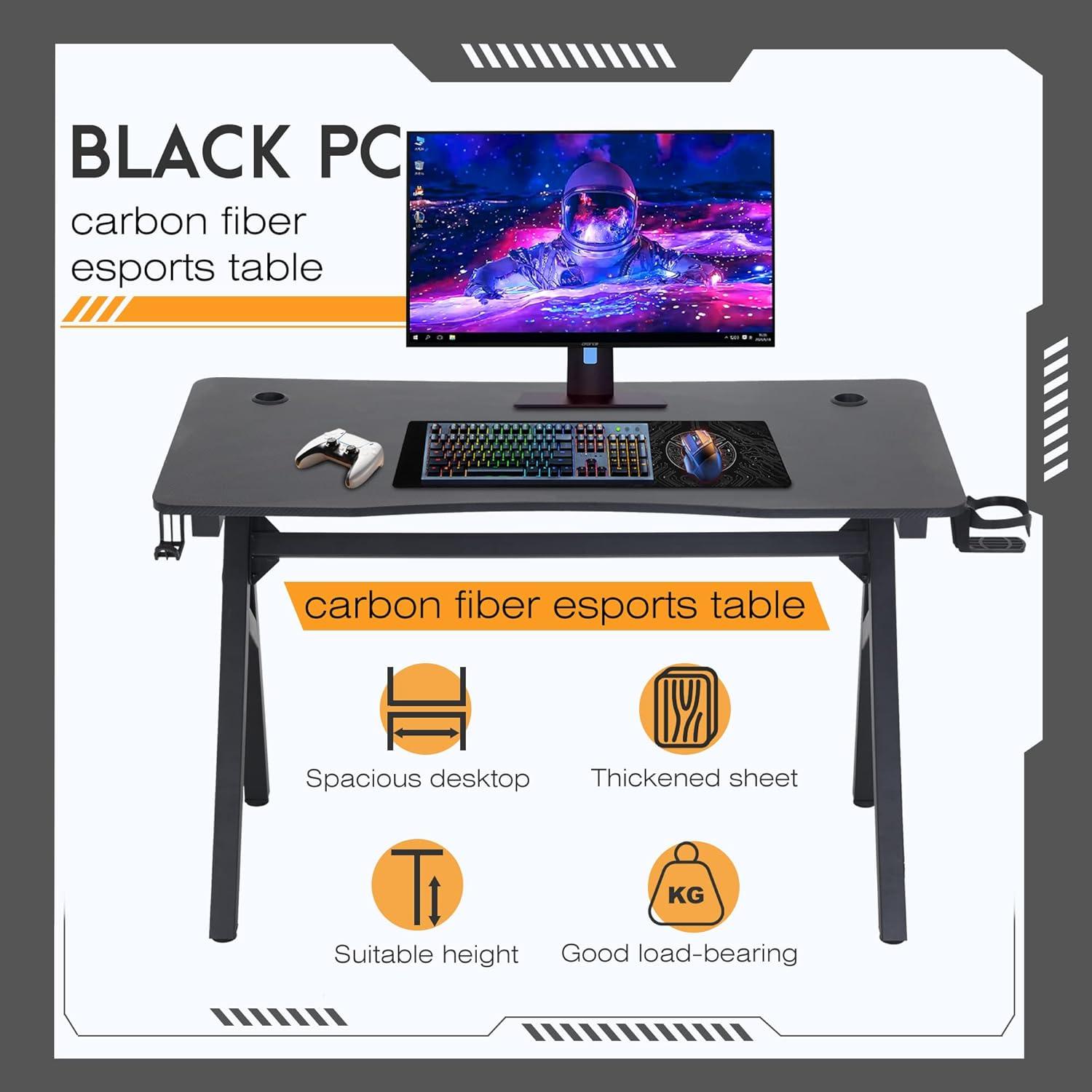 FDW 47 Inch Gaming Desk PC Carbon Fiber Table Ultimate Gamer Workstation with Cup Holder & Headphone Hook for Home Office