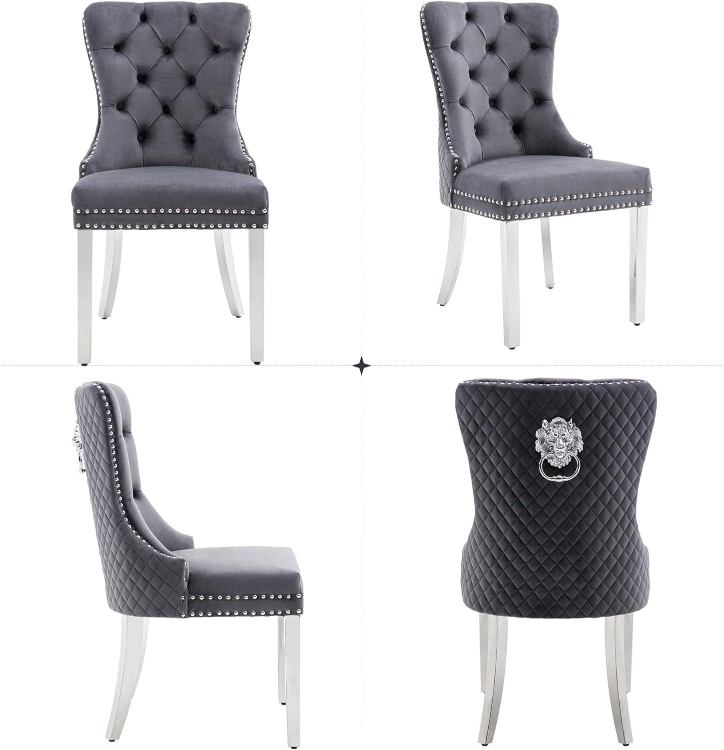 Gray Velvet Upholstered Dining Chairs with Silver Legs, Set of 2