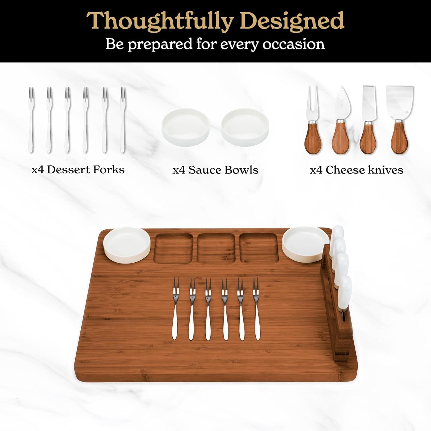 SMIRLY Charcuterie Board Set Large Bamboo Cheese Board with Fruit Tray & 2 Ceramic Bowls