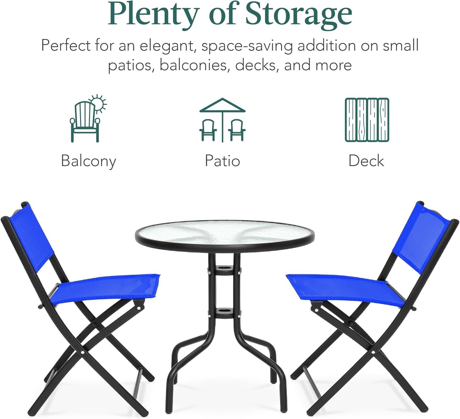 George Oliver 3-Piece Patio Bistro Dining Furniture Set W/ Glass Tabletop, Folding Chairs