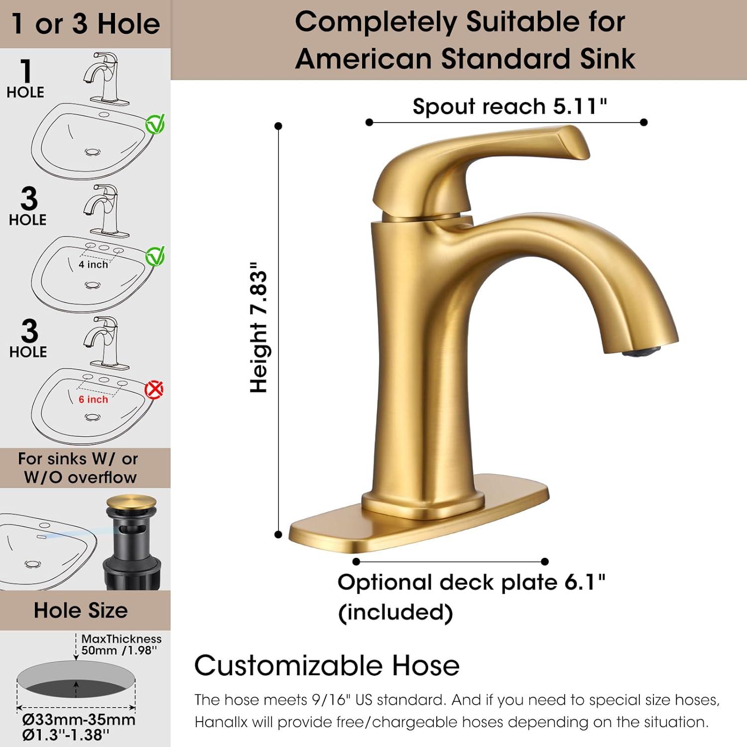 Brushed Gold Single Handle Brass Bathroom Faucet with Drain Kit