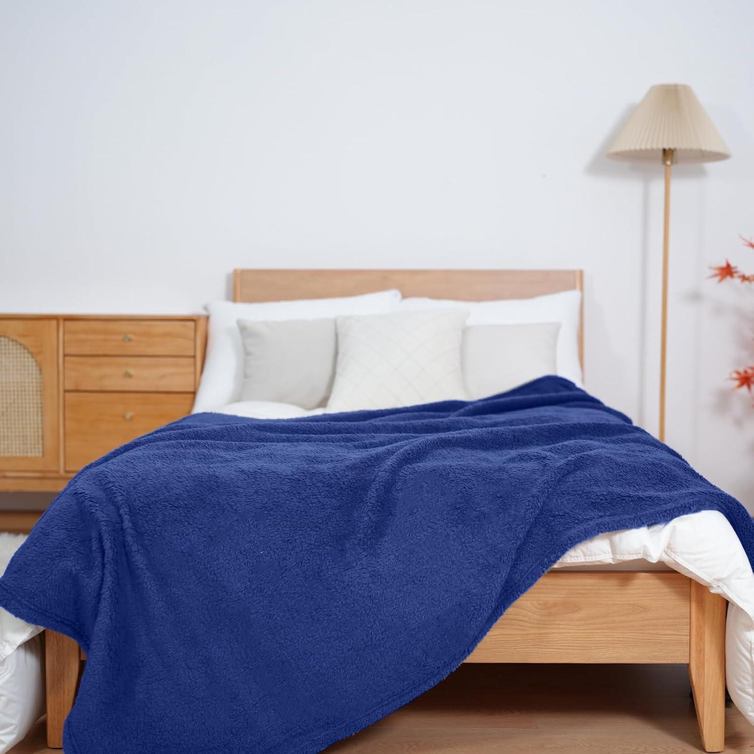 My World Cloud Faux Shearling Throw Blanket Navy: Sensory Friendly, Knitted Polyester, Machine Washable