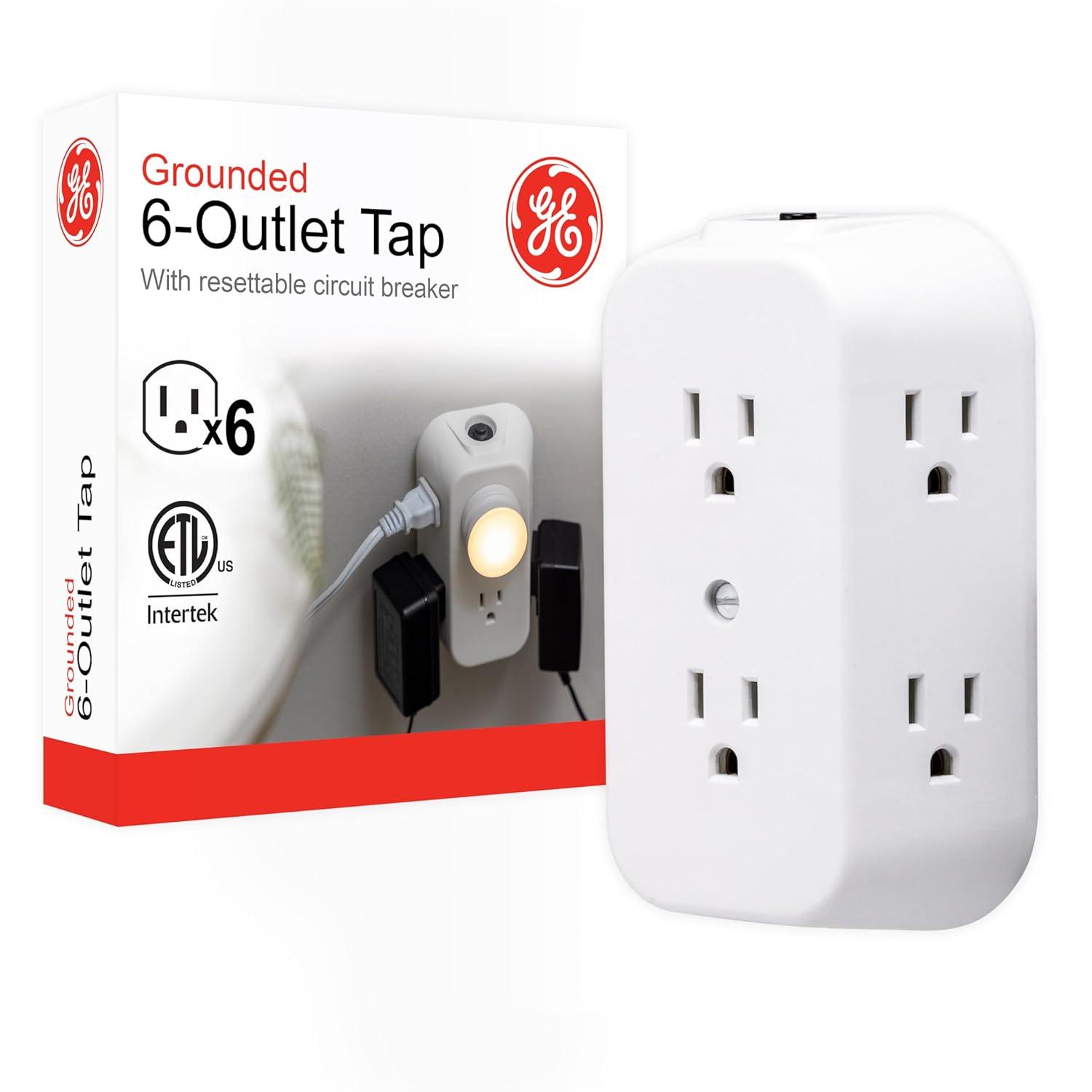 GE 6-Outlet Wall Adapter, Reset Button, Wide Spaced Outlets, 56575