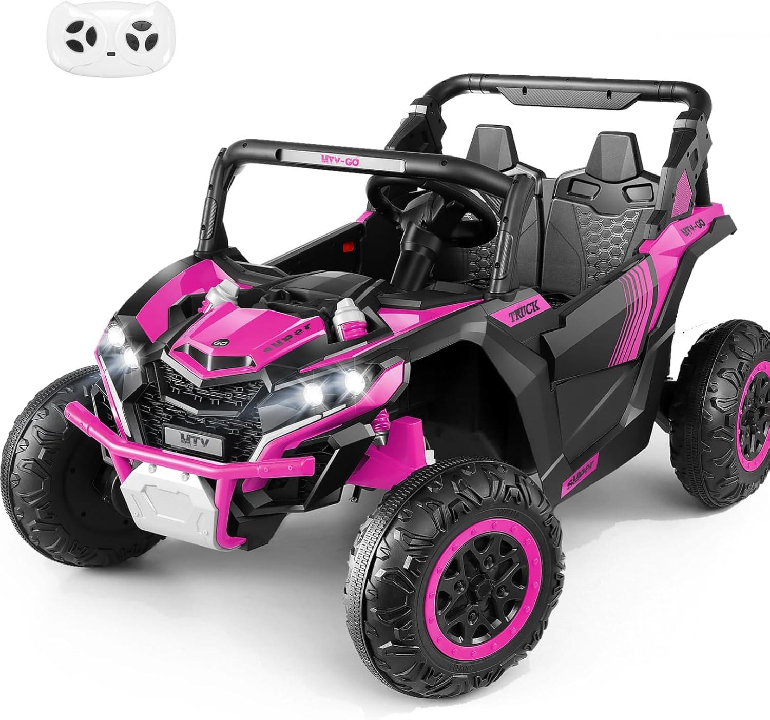 SUSIELADY 24V 2 Plazas Ride-On UTV para Niños, Coche Eléctrico con Control Remoto, Suspensión en las 4 Ruedas, Música, Almacenamiento, Camión de Juguetes Al Aire Libre para Niños Niñas a Partir de 3 Años, Rosa