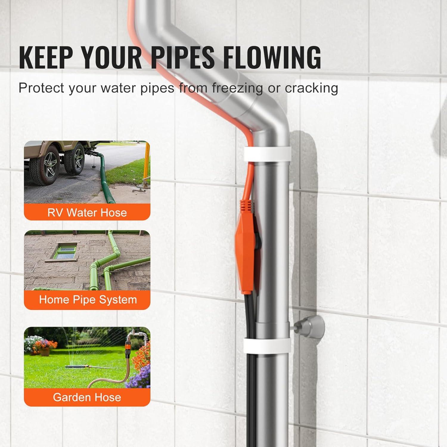 VEVOR Pipe Heating Cable 24FT 7W/FT Heat Tape for Pipes with Built-in Thermostat