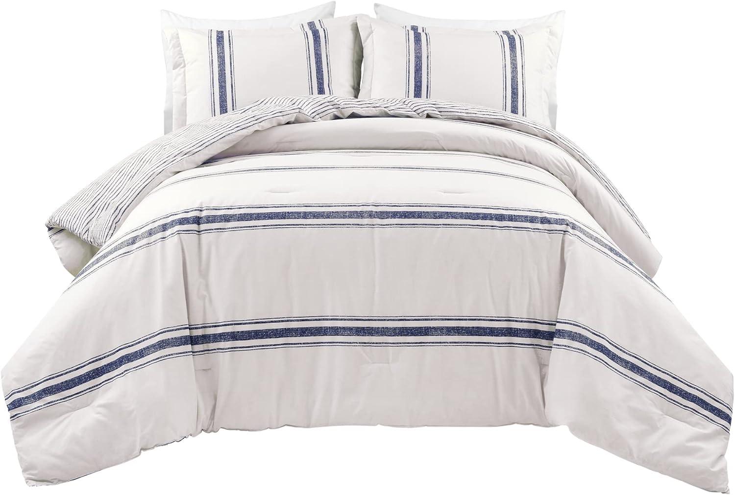 Lush Décor 3pc California King Farmhouse Stripe Reversible Oversized Comforter Set Navy Blue: Machine Washable, OEKO-TEX Certified