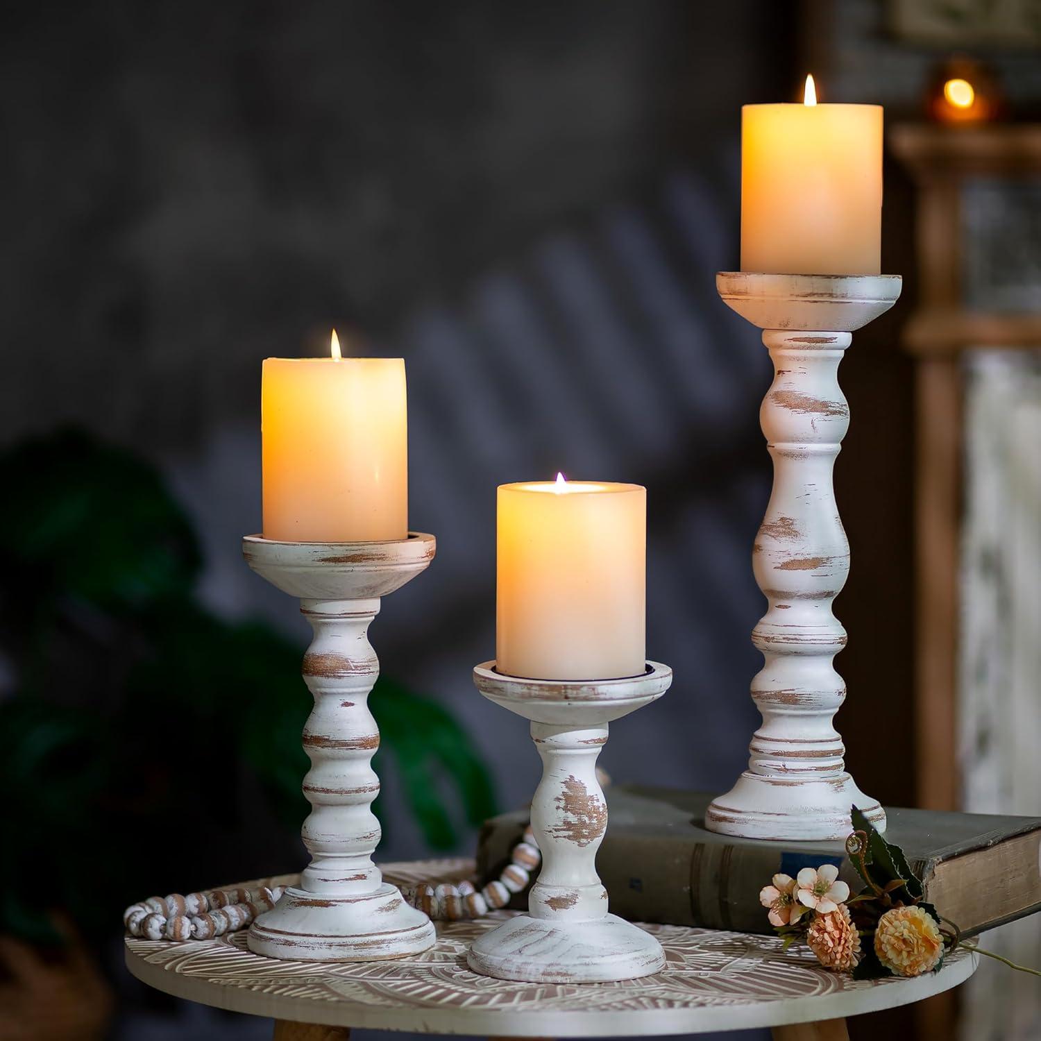 Whitewashed Pine Rustic Farmhouse Candle Holders Set of 3