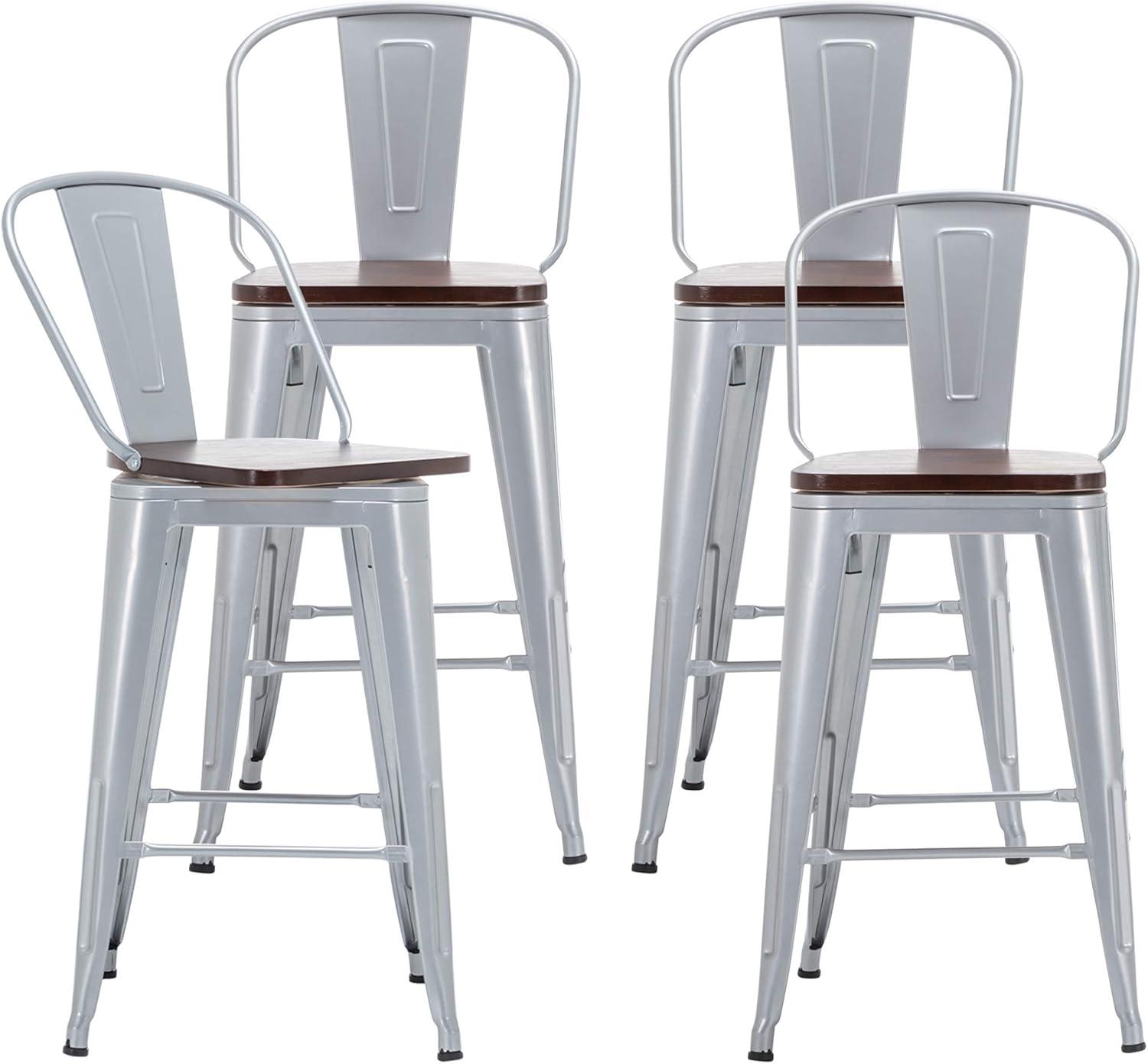 Andeworld Metal Bar Stools Set of 4 Counter Height Stools with Backs Counter Stools High Back Bar Chairs 30 Inch Silver