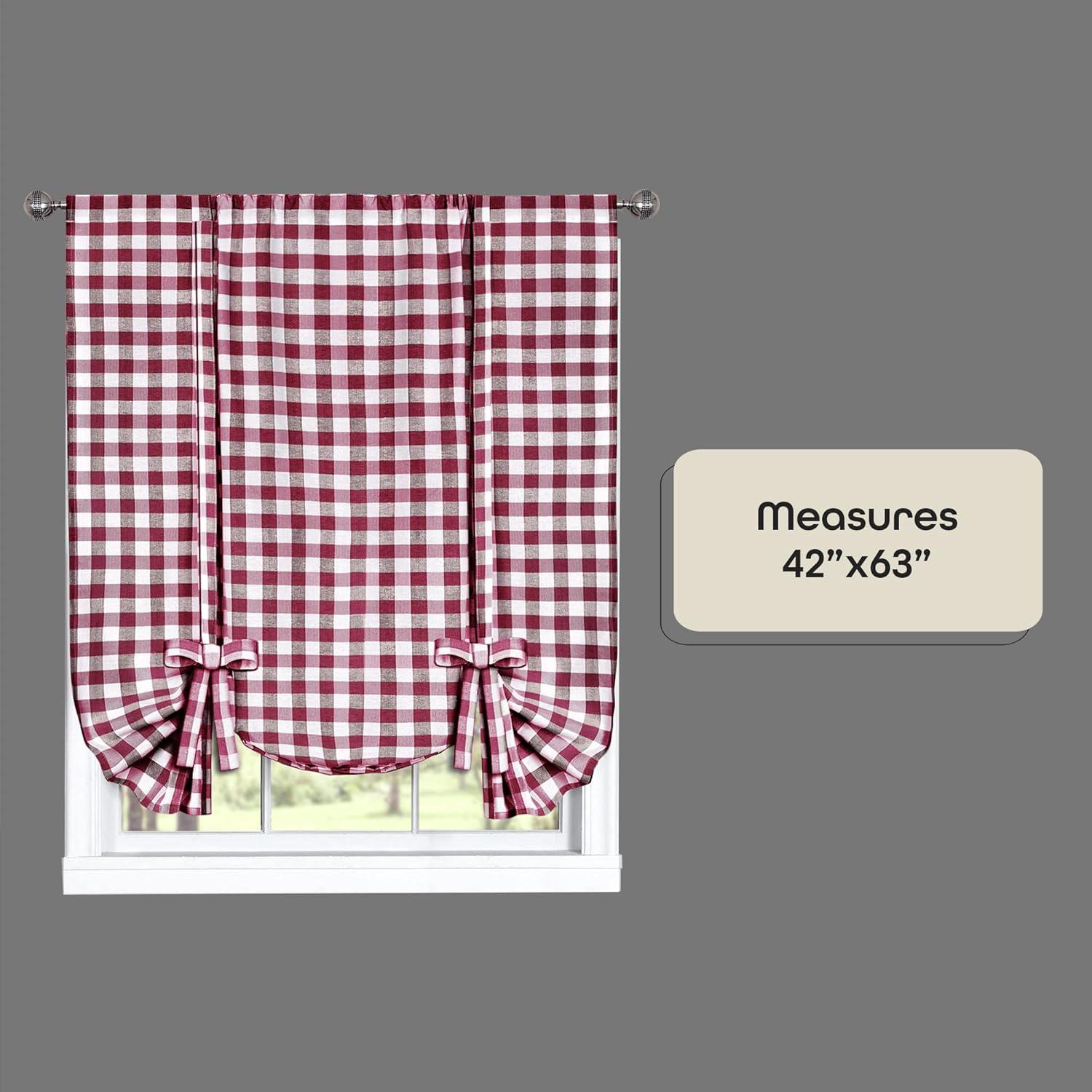 Buffalo Check Plaid Gingham Tie-Up Window Single Curtain, 42" x 63", Burgundy
