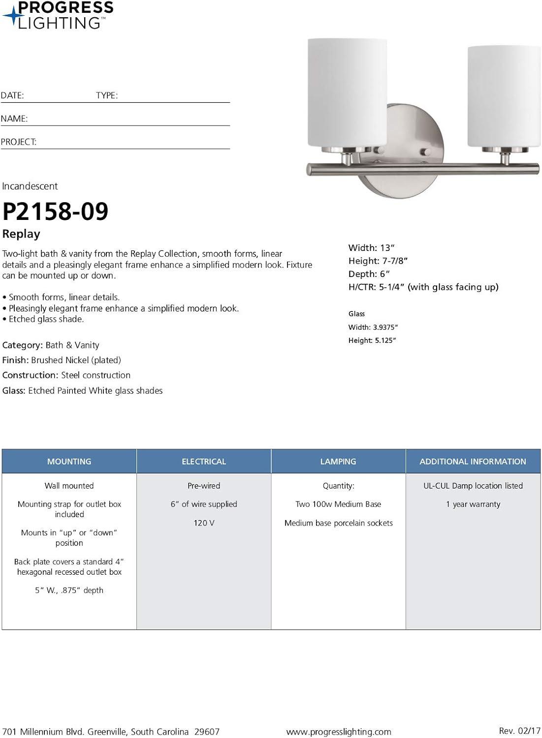 Progress Lighting Replay 2-Light Bath Vanity, Brushed Nickel, Porcelain Shade