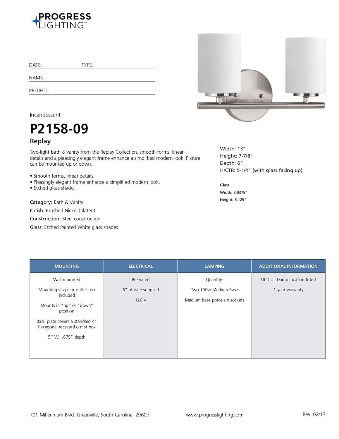 Progress Lighting Replay 2-Light Bath Vanity, Brushed Nickel, Porcelain Shade