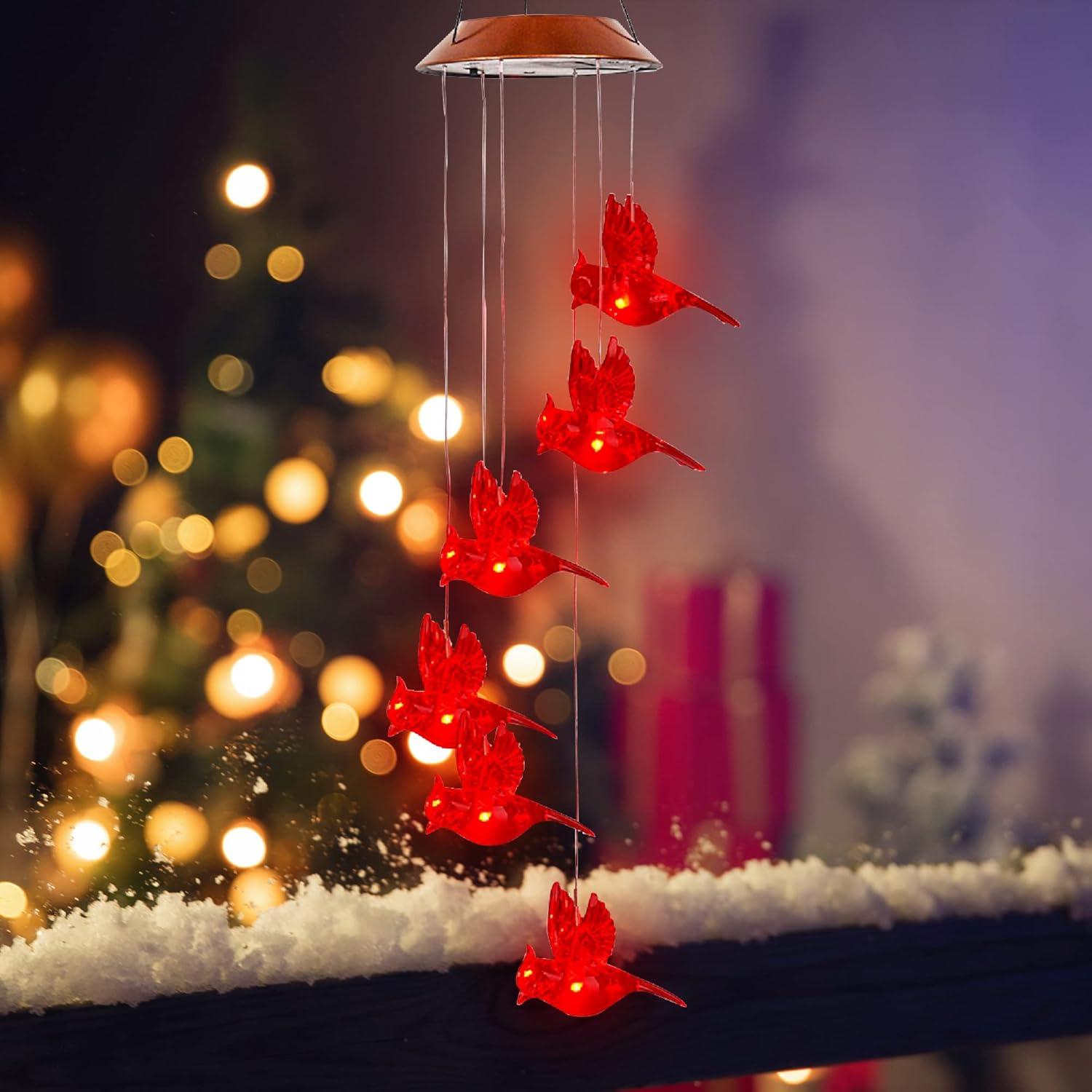 Solar-Powered Red Bird Wind Chimes with LED Lights