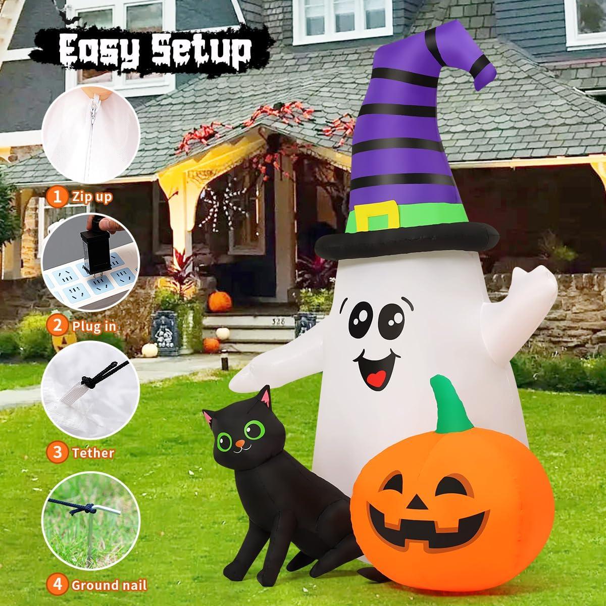 5 FT Halloween Inflatables Ghost Outdoor Decorations Blow Up Yard Cute Wizard Ghost With Pumpkin Black Cat With Built-In Leds For Garden Lawn Indoor Party Decor