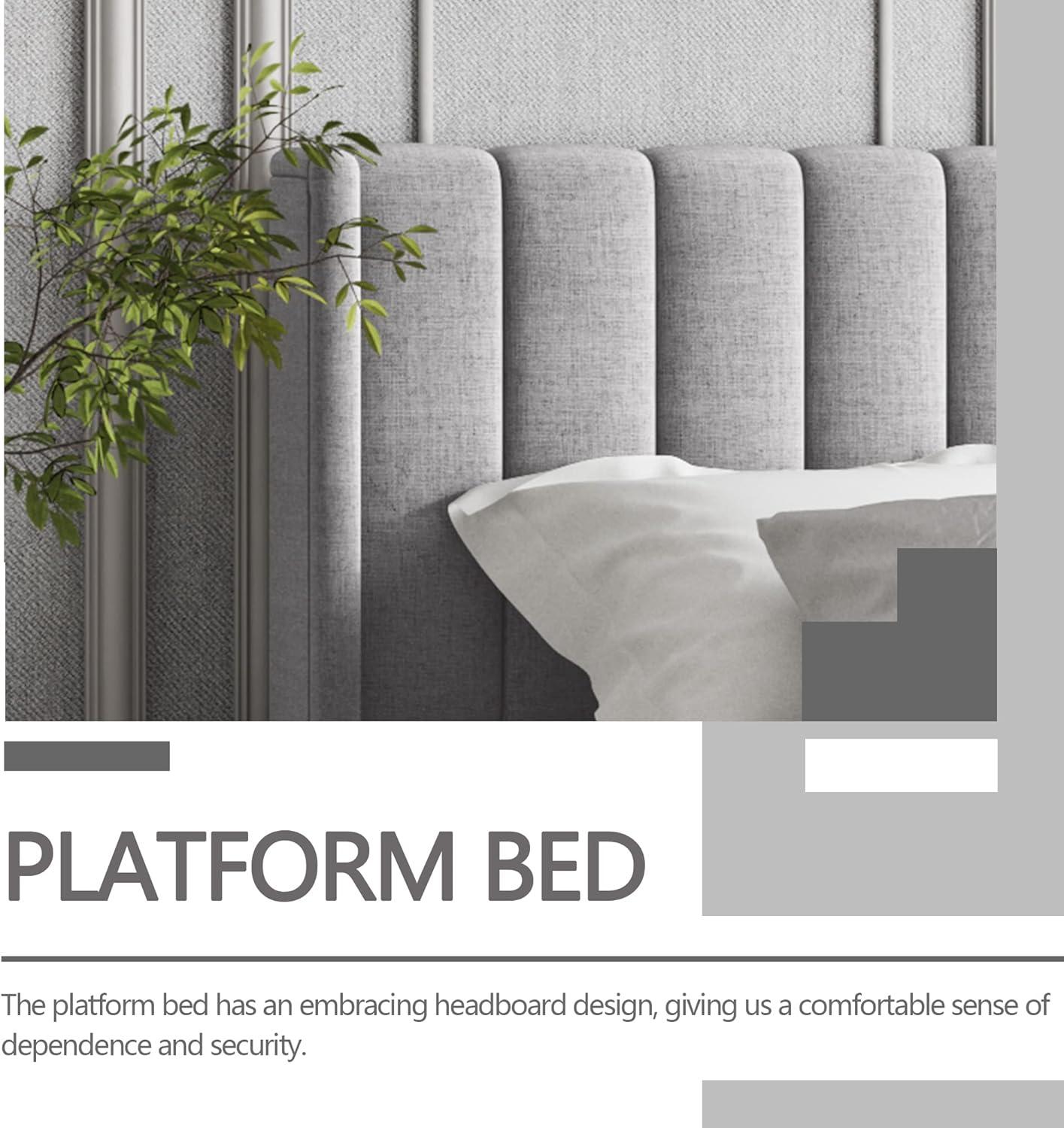 alazyhome Upholstered Platform King Size Bed Frame with Headboard Wooden Slats Support No Noise Easy Assembly Light Grey Linen