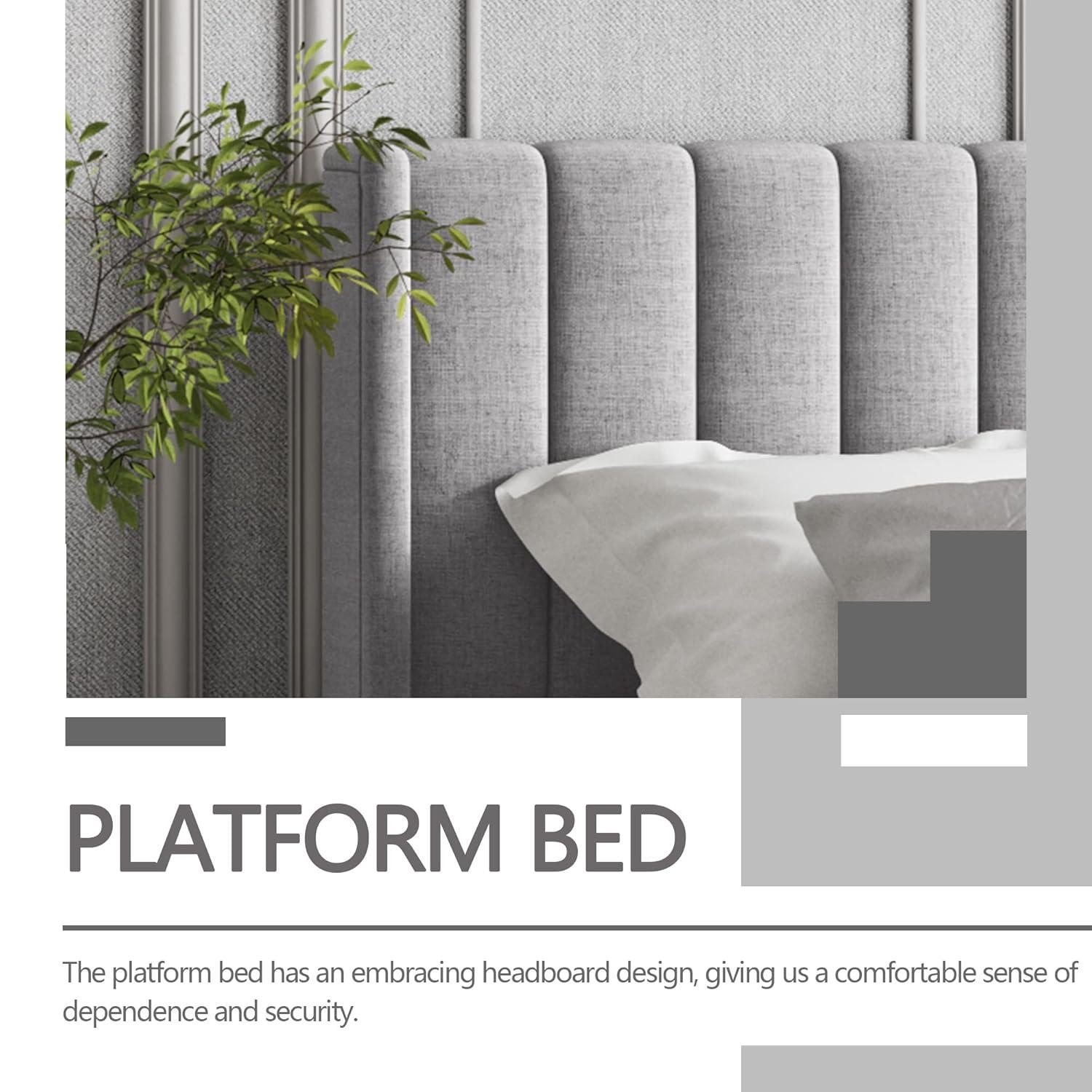 alazyhome Upholstered Platform King Size Bed Frame with Headboard Wooden Slats Support No Noise Easy Assembly Light Grey Linen