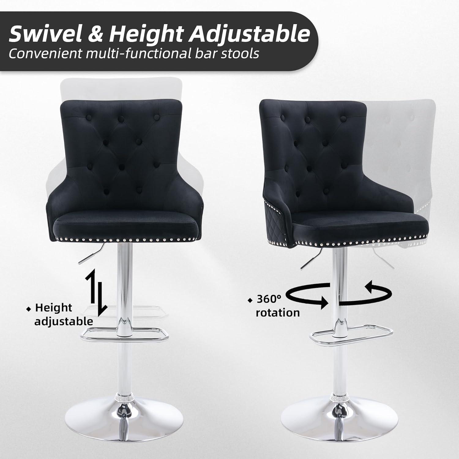 Swivel Barstools with High Back, 2pcs Velvet Bar Chairs with Button Tufted and Nailheads Trim, Counter Height Bar Stools for Home Bar Kitchen Island Cafe,Adjusatble Seat Height, Black+Silver