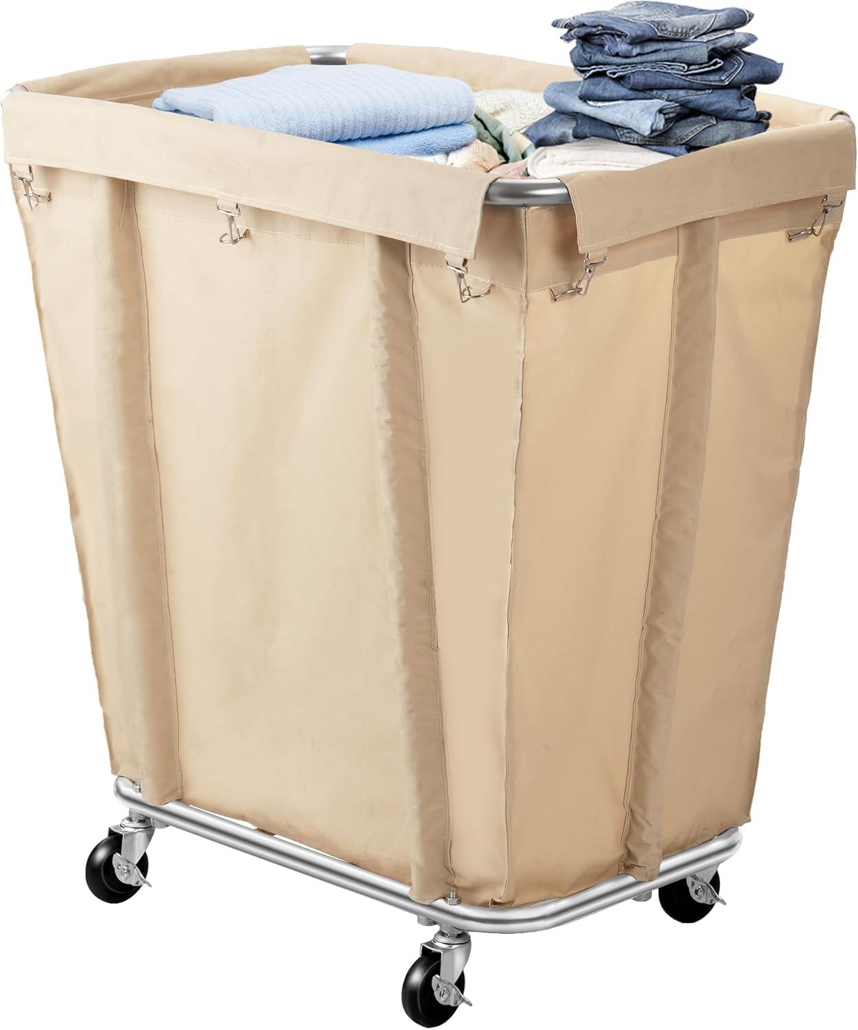 Beige Rectangular Steel Frame Laundry Cart with Wheels