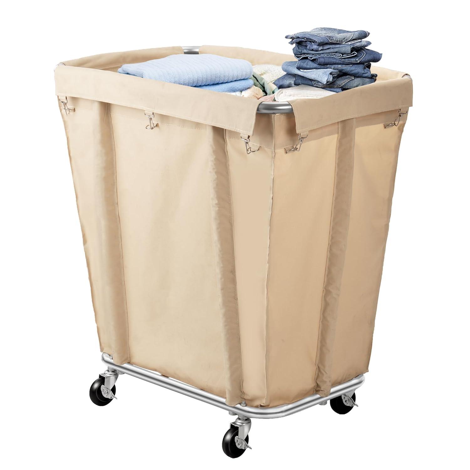 Laundry Cart with Wheels 320L Large Rolling Laundry Cart for Commercial/Home, Rolling Laundry Basket with Steel Frame and Waterproof Lining, 9 Bushel, 32.3L x 19.7W x 30.7H Inch, Beige
