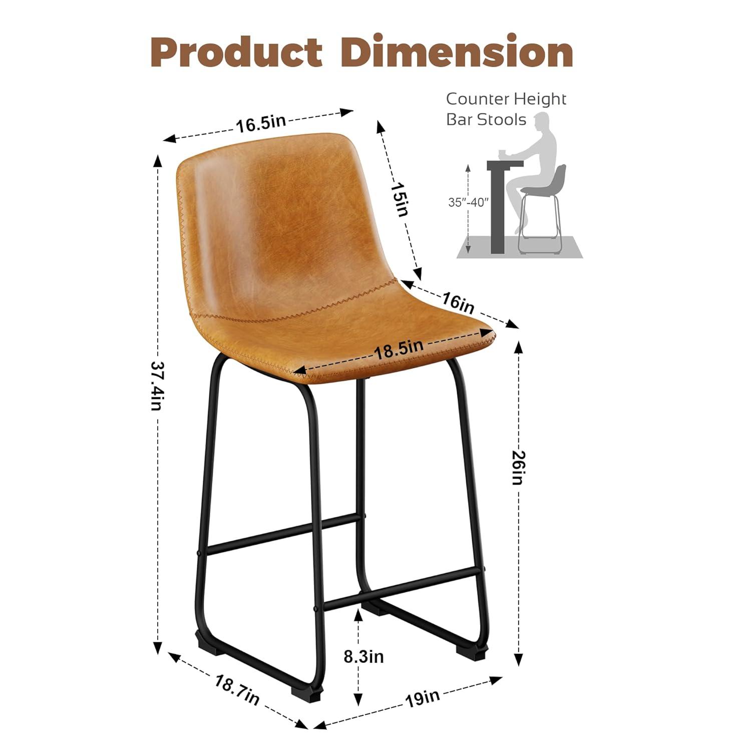 WM 26 inch Counter Height Bar Stools Set of 4, Modern Faux Leather High Barstools with Back and Metal Leg, Bar Chairs for Indoor & Outdoor, Brown