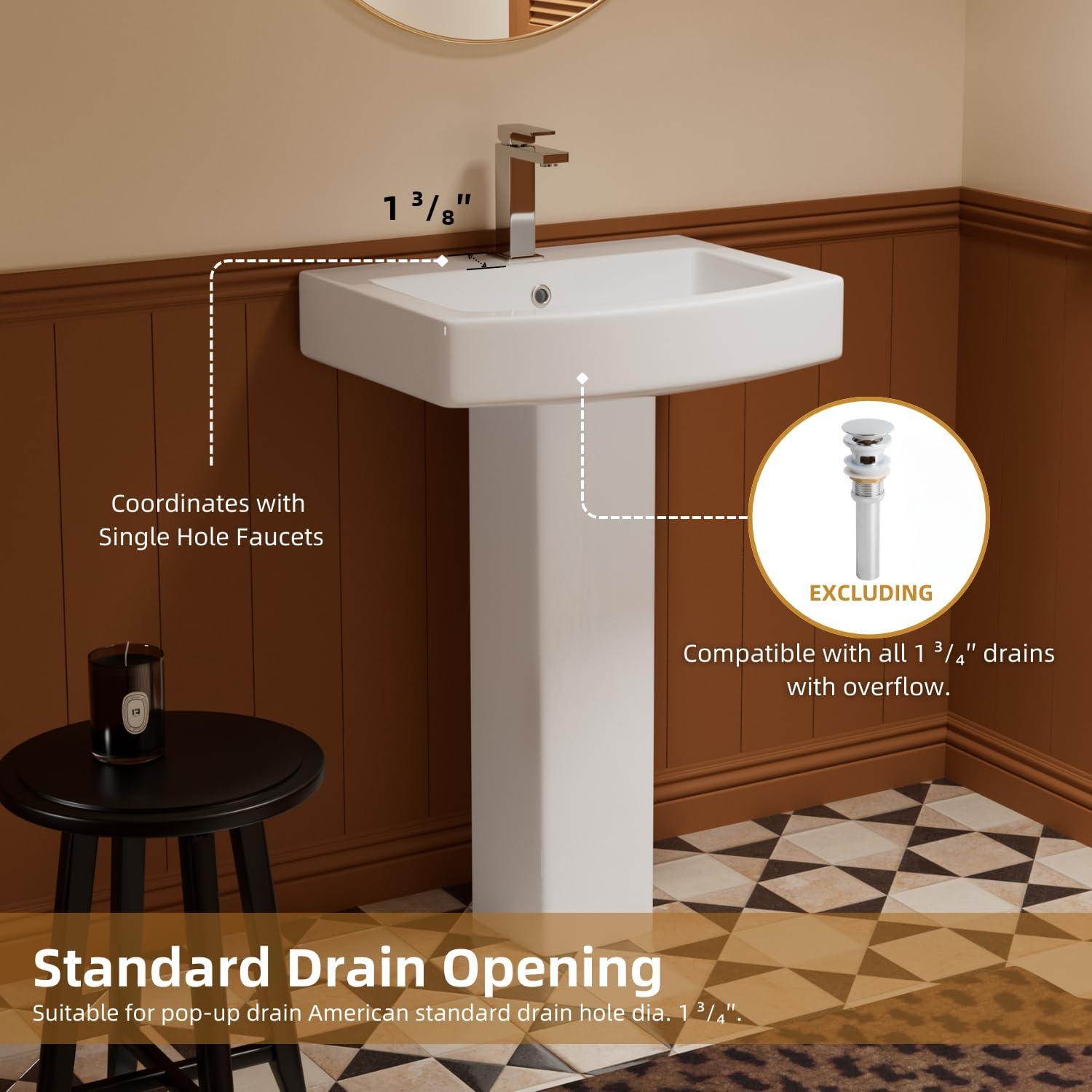 Classic Vintage Bathroom Pedestal Sink, Los Flexi 23"W x 19"D White Ceramic Freestanding Sinks for bathrooms, Overflow, 3 Pre-Drilled Holes for 4-Inch Faucets, Easy Install