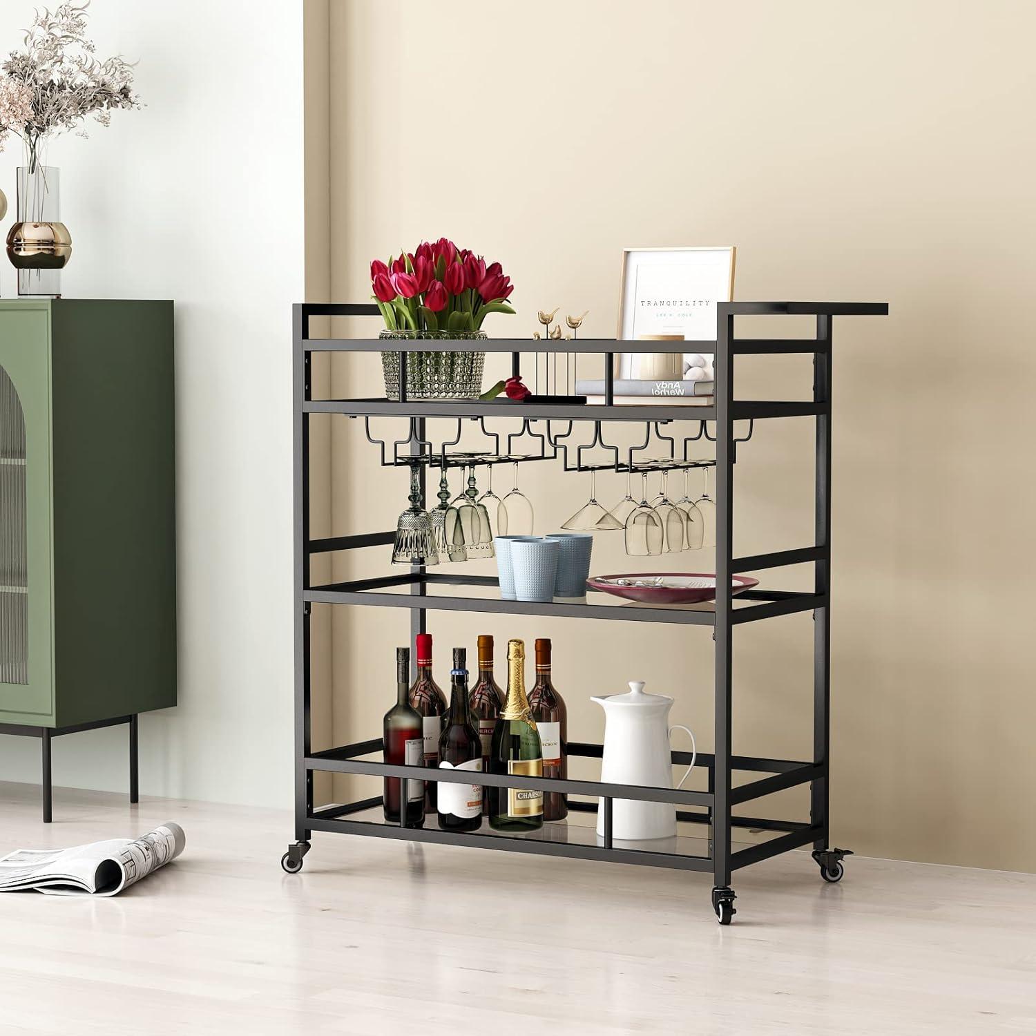 Black Metal 3-Tier Bar Cart with Glass Shelves and Wine Rack