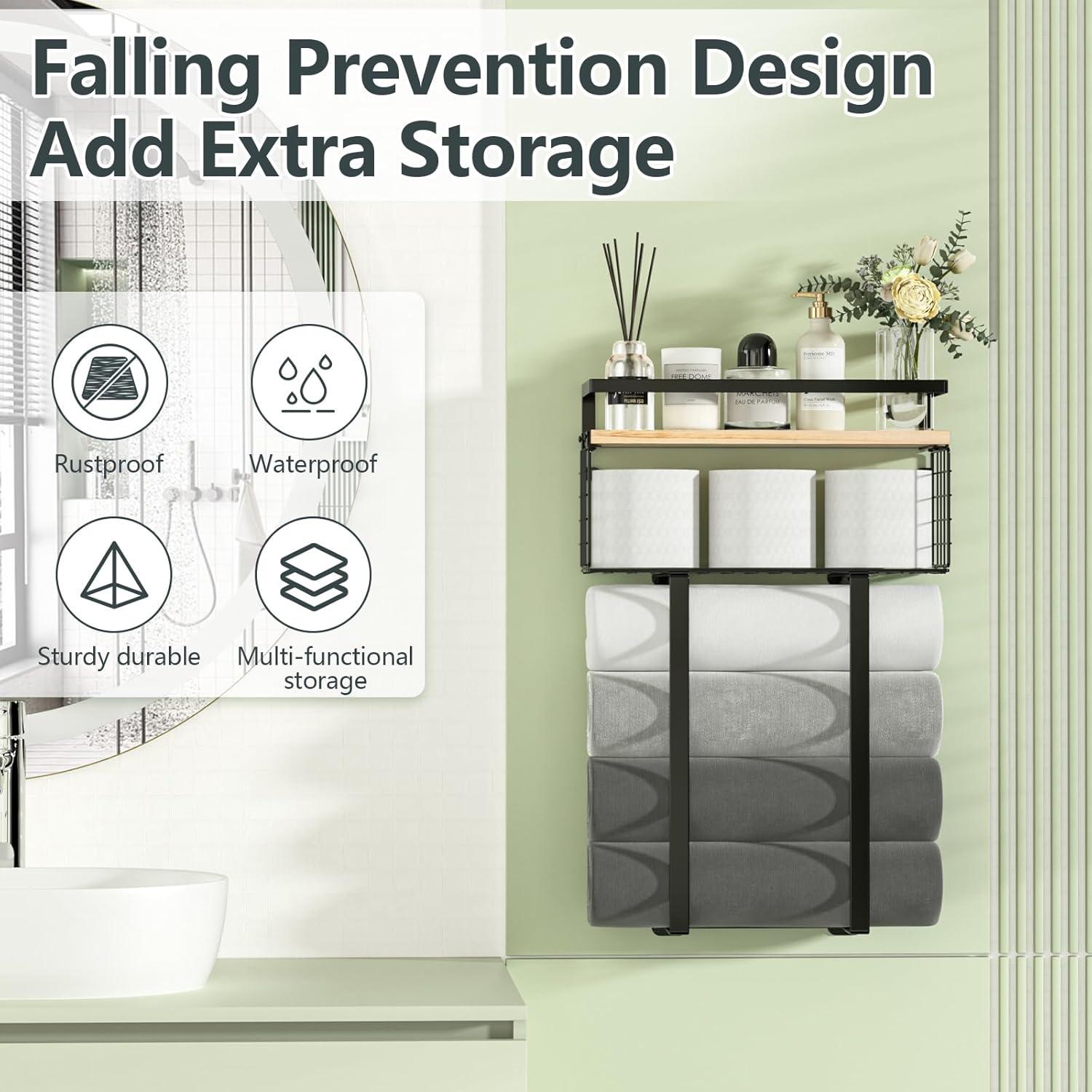 Towel Racks For Bathroom, Metal Towel Holder With Storage Basket,Wall Towel Rack For Rolled Towels, Towel Storage For Small Bathroom,Bathroom Shelves