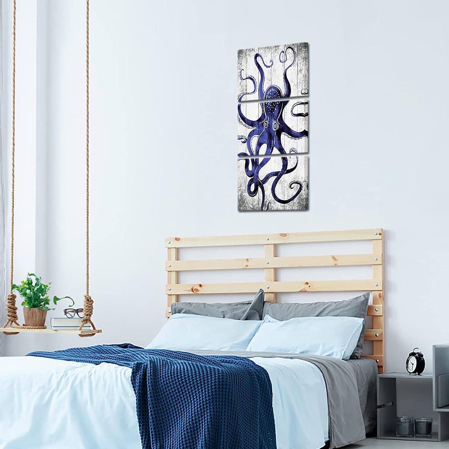 Navy Blue and Gold Octopus Canvas Wall Art Set