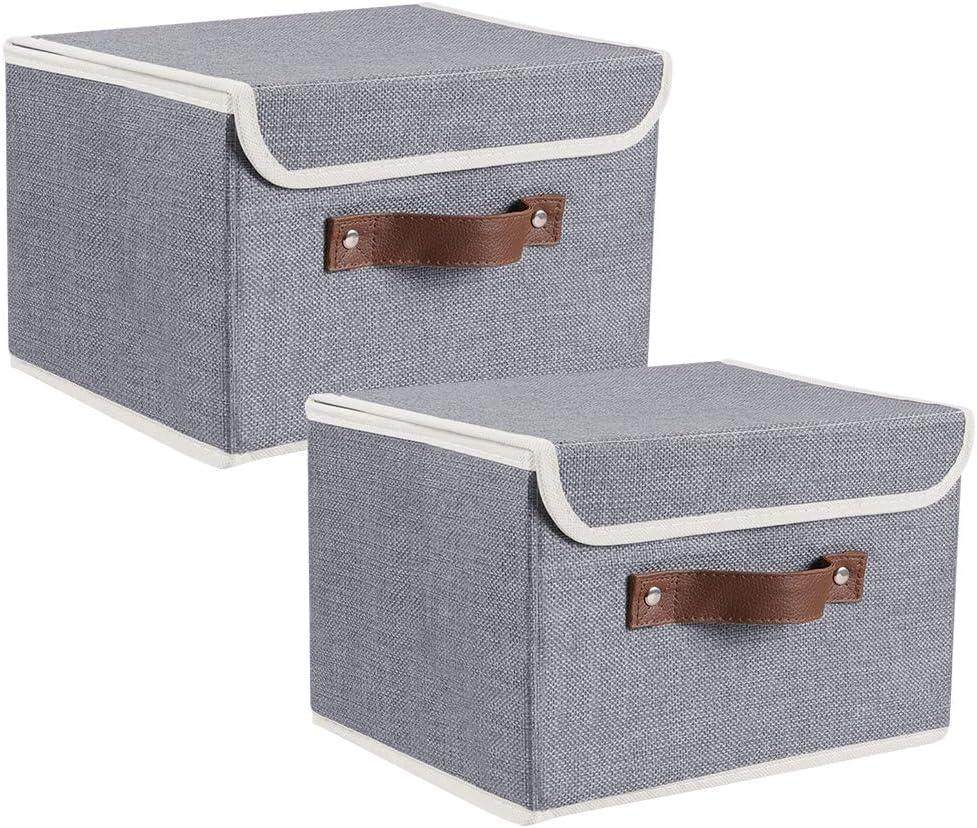 Gray Collapsible Fabric Storage Cubes with Lids and Faux Leather Handles