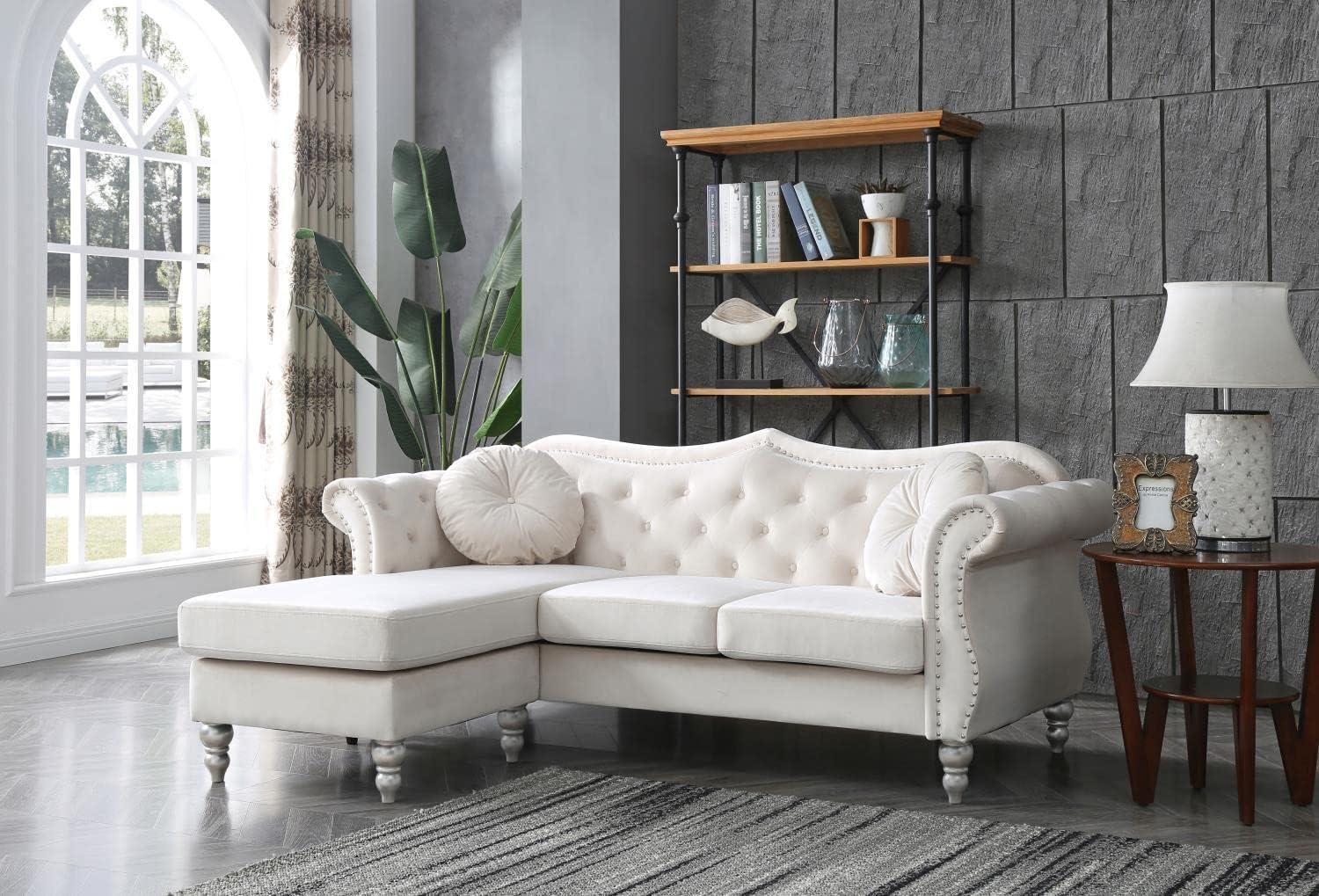 Ivory Velvet Tufted 4-Seater Sectional with Nailhead Accents