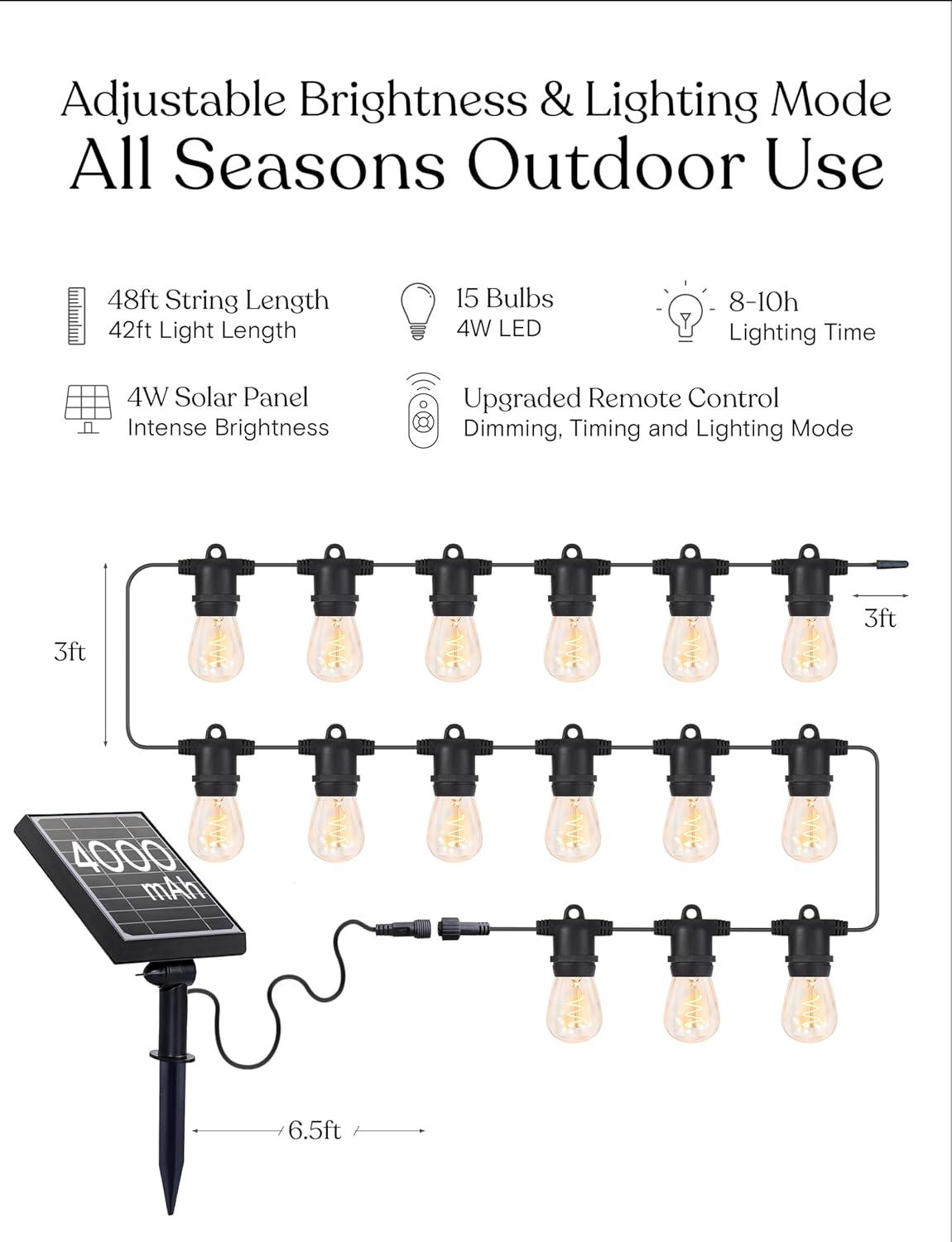 Brightech Ambience Pro Super Bright 48 Ft, 15 Bulbs Solar Power Remote Control Outdoor String Lights, Edison Spiral Shatterproof Bulbs, Commercial Grade LED, Waterproof Patio Lights, 4W Soft White