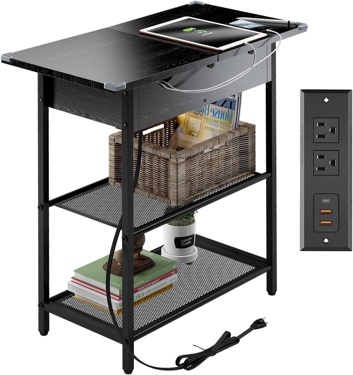 Slim Side Table With Wheels, USB Ports And Outlets, Rolling Narrow End Table With Charging Station And Bag, Flip Top Nightstand With Hidden Storage Shelves For Living Room Bedroom Small Spaces