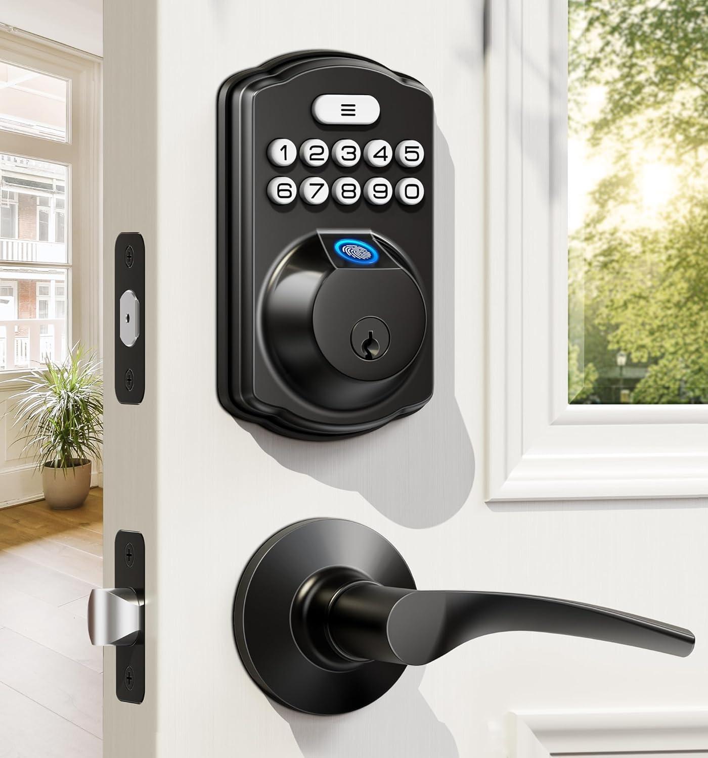 TEEHO Fingerprint Keyless Entry Door Lock, Electronic Smart Deadbolt with 2 Handles Knobs, Digital Doors Lock with Keypad Set, Easy Installation-Matte Black