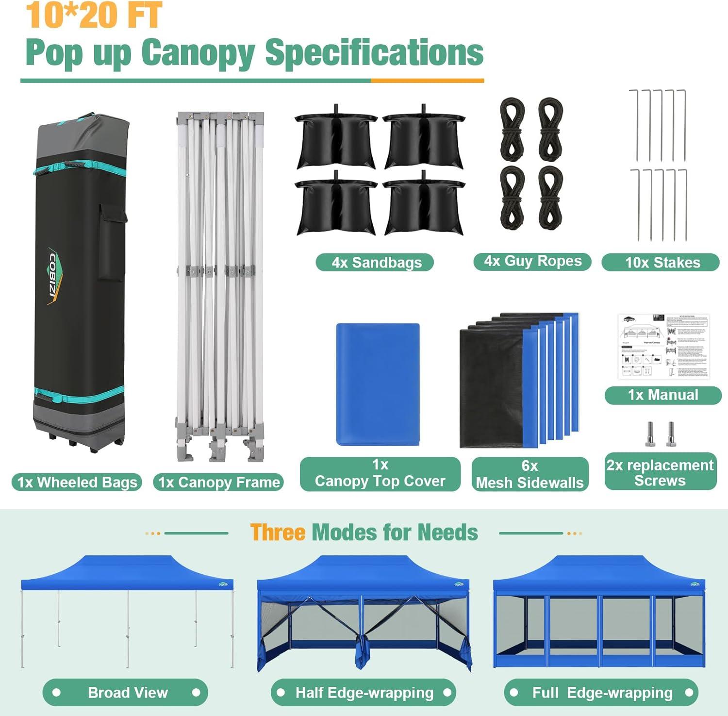 HOTEEL 10x20 Heavy Duty Canopy Tent, Pop up Gazebo with Netting Screened ,Waterproof Ez up Canopy with Sidewalls, Outdoor Instant Party Tent for Backyard,Blue