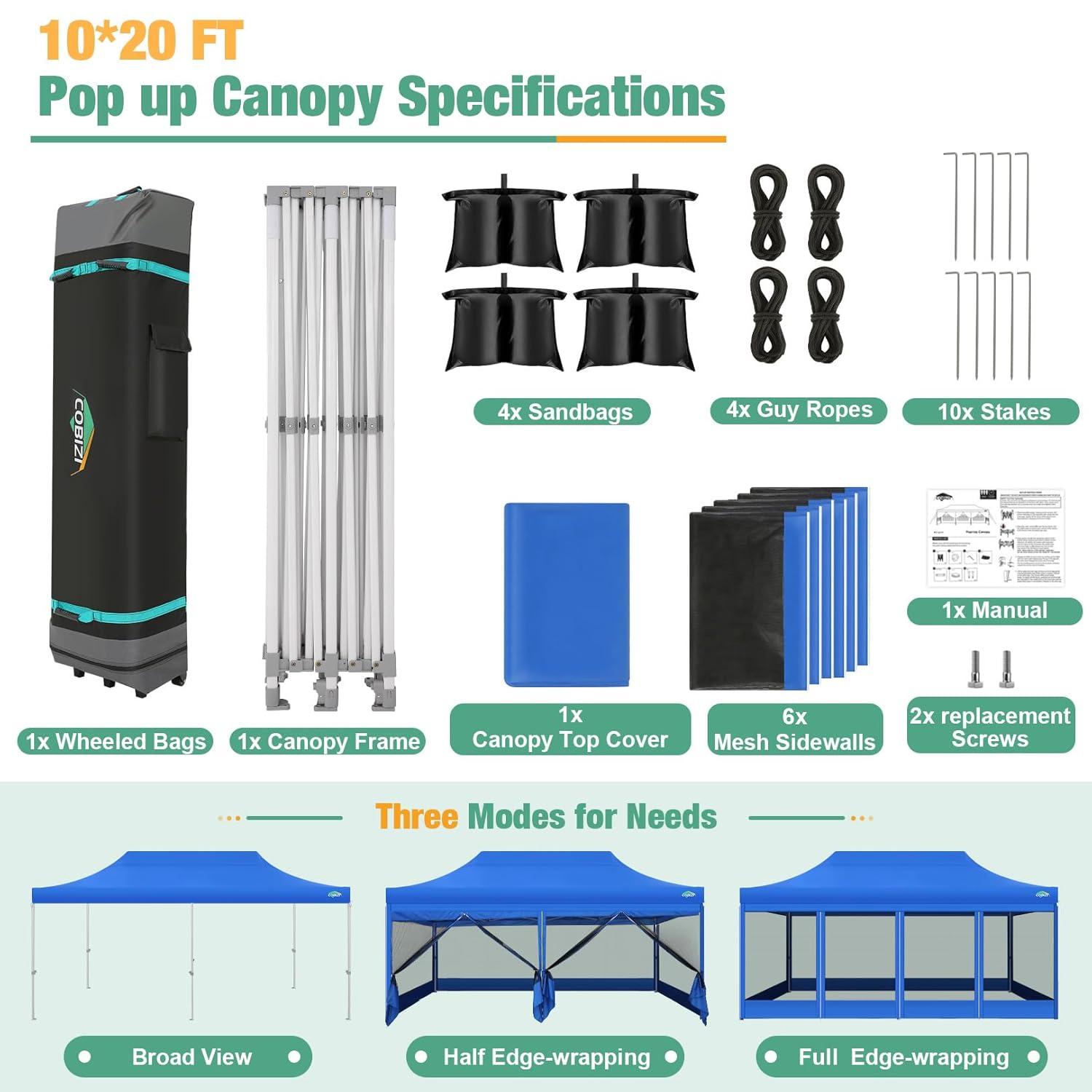 Cobizi 10x20 Canopy Tent, Heavy Duty Pop up Canopy with Sidewalls, Waterproof Easy Setup Canopy with Mosquito Netting, Outdoor Instant Screen Tents for Parties, Wedding, Backyard with Carry Bag