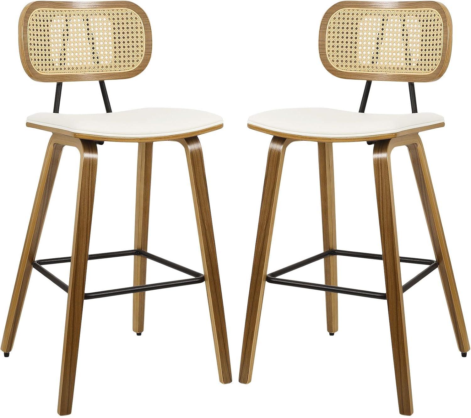 Counter Height Bar Stools Set of 2, Mid Century Modern Counter Stools, 26" Wood Kitchen Stool Boucle Fabric Upholstered Barstool with Rattan Back, Counter Height Island Dining Bar Chair, White