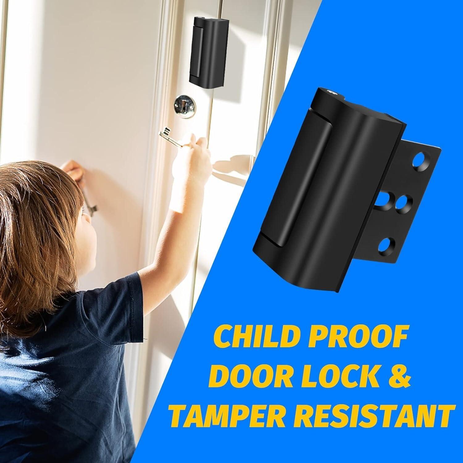childproof Lock, Includes 8 Screws for Installing a 3” Steel Stop Rated to Withstand 800lbs on Inward Opening entrances, Reinforce Door Security, Black