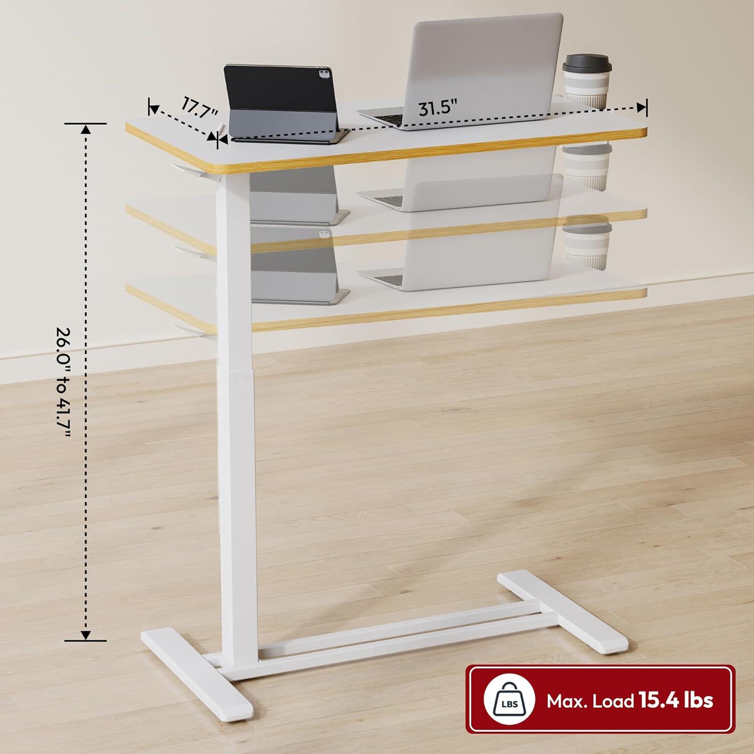 HMTtie Medical Adjustable Overbed Bedside Table with Hidden Casters, Pneumatic Mobile Laptop Computer Standing Desk Cart with Tray, Hospital and Home Use(27.6" W x 15.7" D, White)