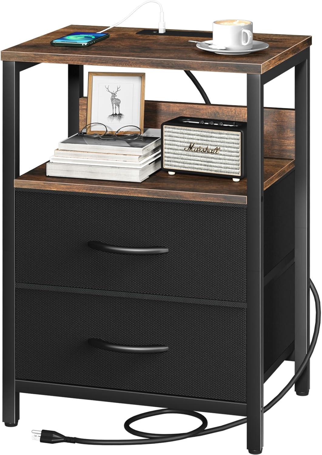 Nightstand with Charging Station, Side Table with Fabric Drawers, End Table with Open Shelf, Bedside Table with USB Ports and Outlets, Night Stand for Bedroom, Rustic Brown and Black