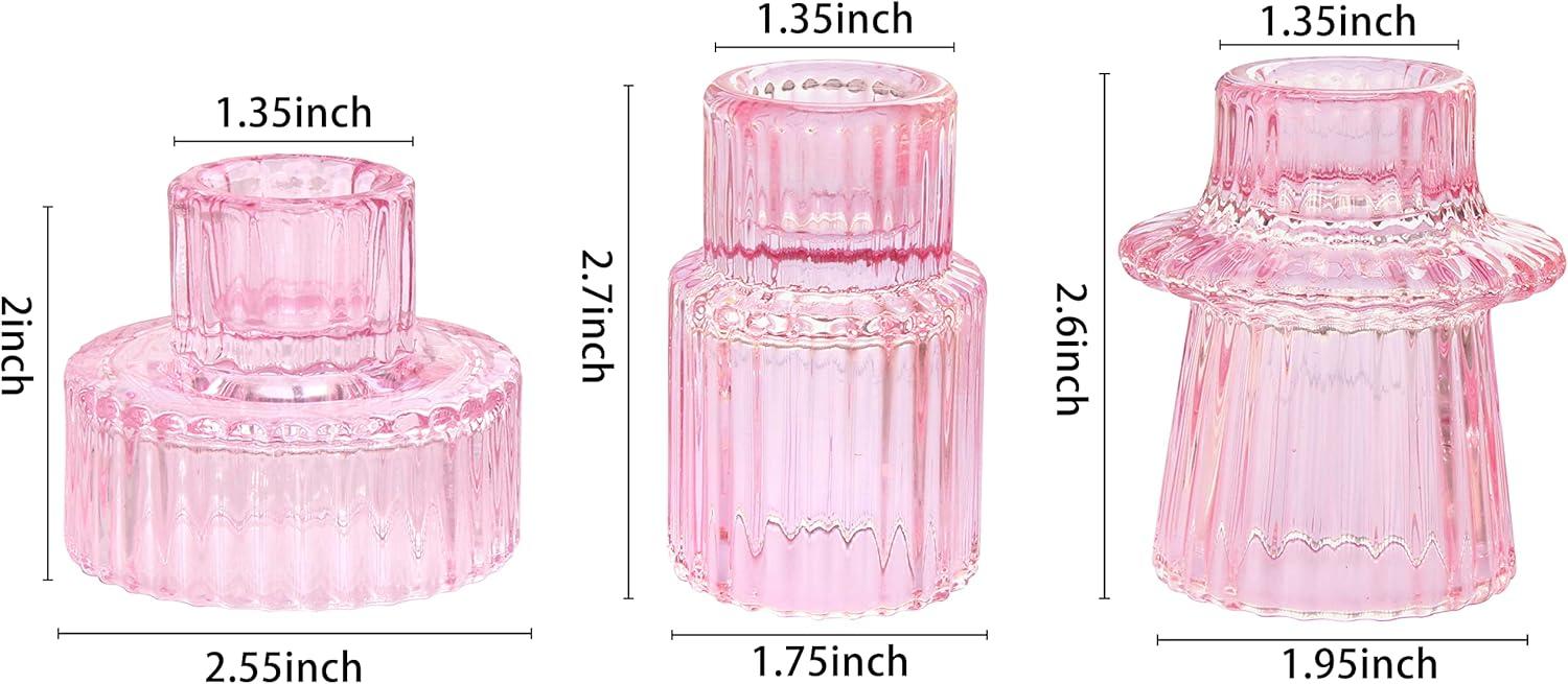 Pink Candlestick Holders Set of 3 Glass Candle Holders for Taper Candles,Pillar Candles and Tealight Candles