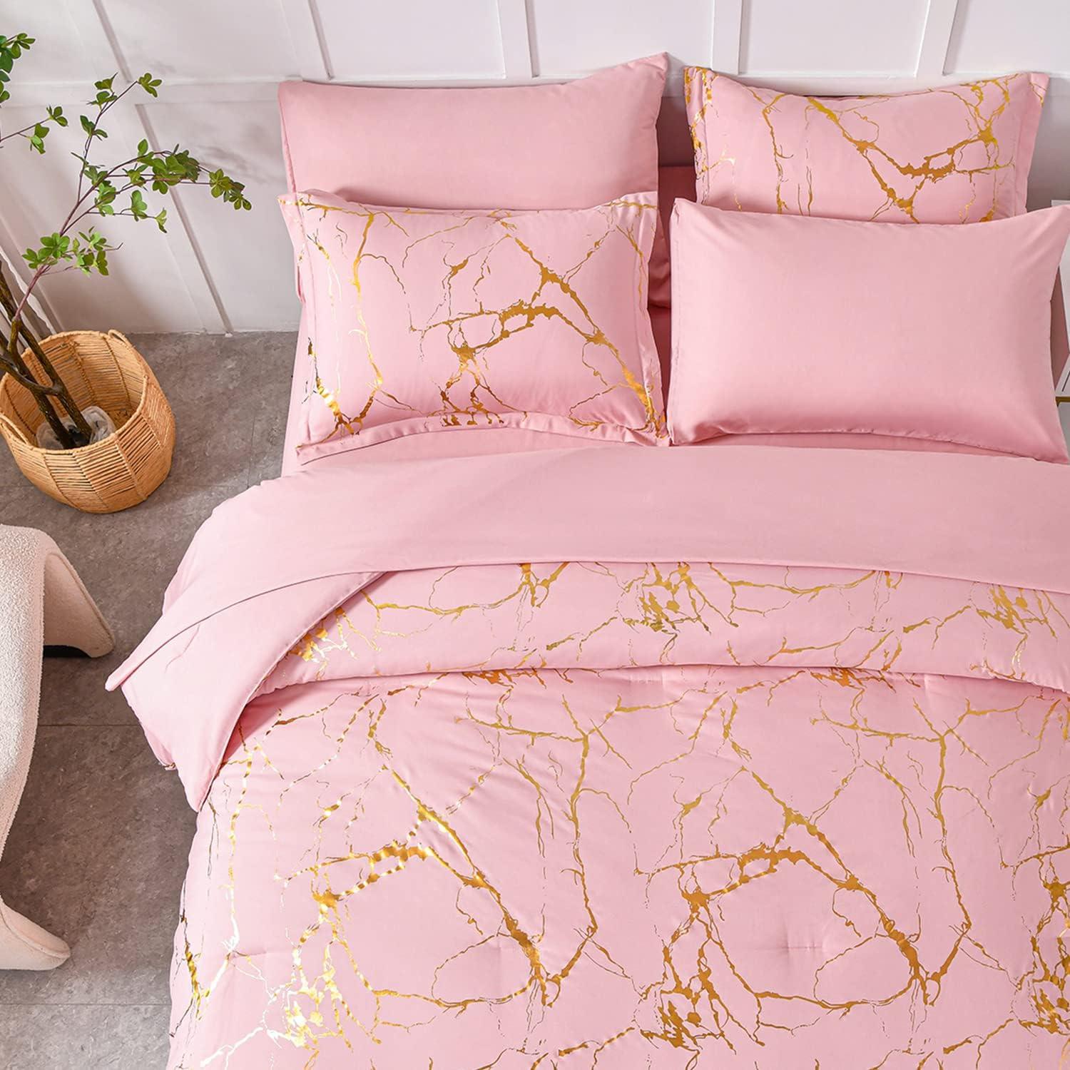 Yogeneg Gold Metallic Marble Comforter Set Queen Size,7 Piece Bed in a Bag,Foil Print Glitter Pink Comforter and Sheet Set,All Season Soft Microfiber Complete Bedding Sets(Pink,Queen)