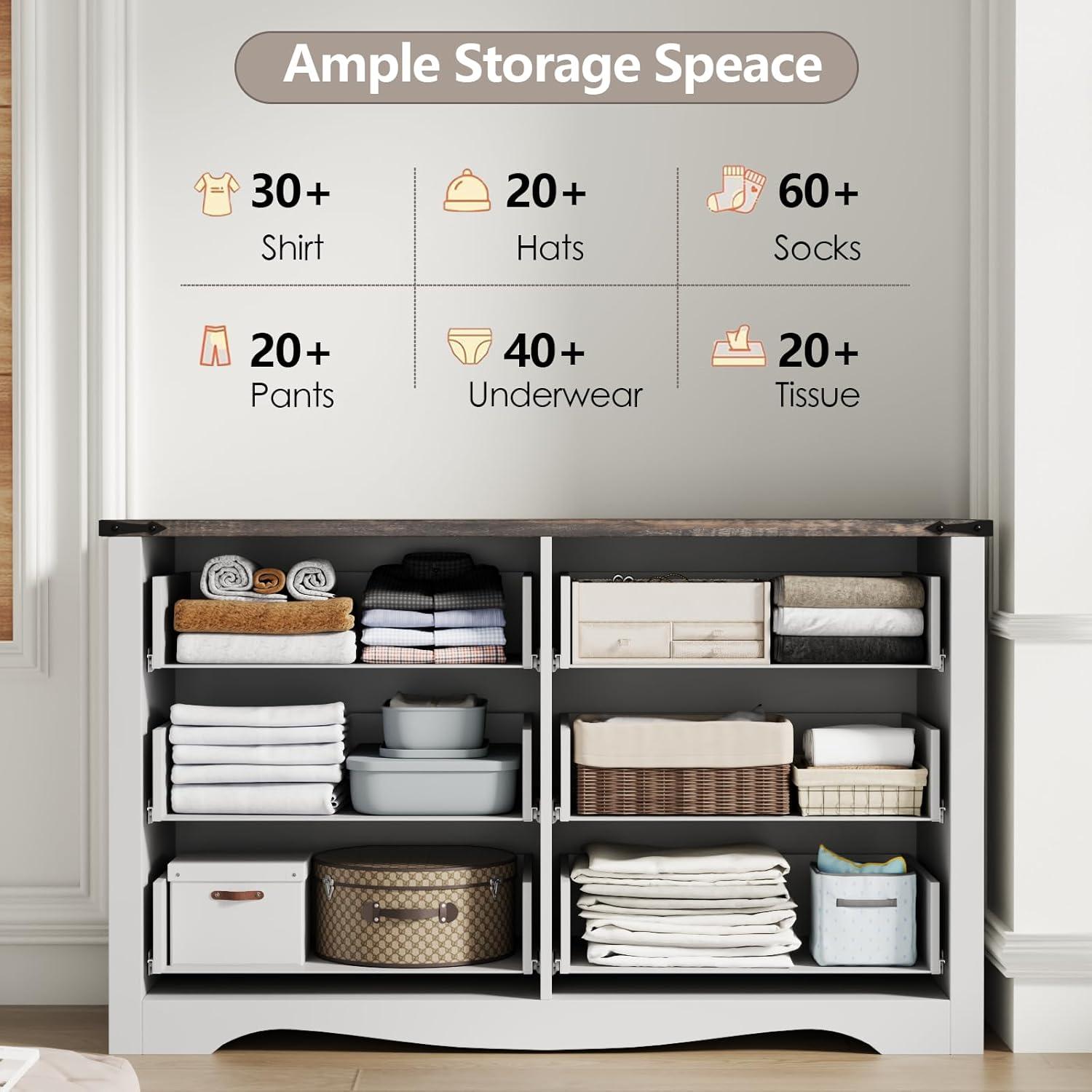 Coulten 6 Drawer 46.4" W Farmhouse 6 Drawers Double Dresser for Bedroom, Modern White Dresser Chest of Drawers, Wide Dressers Organizer, Accent Storage Cabinet for Closet, Living Room, Hallway